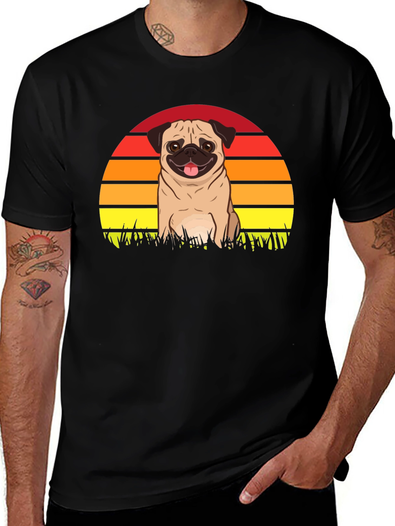 Pug Sunset Graphic Tee - Black Cotton T-Shirt