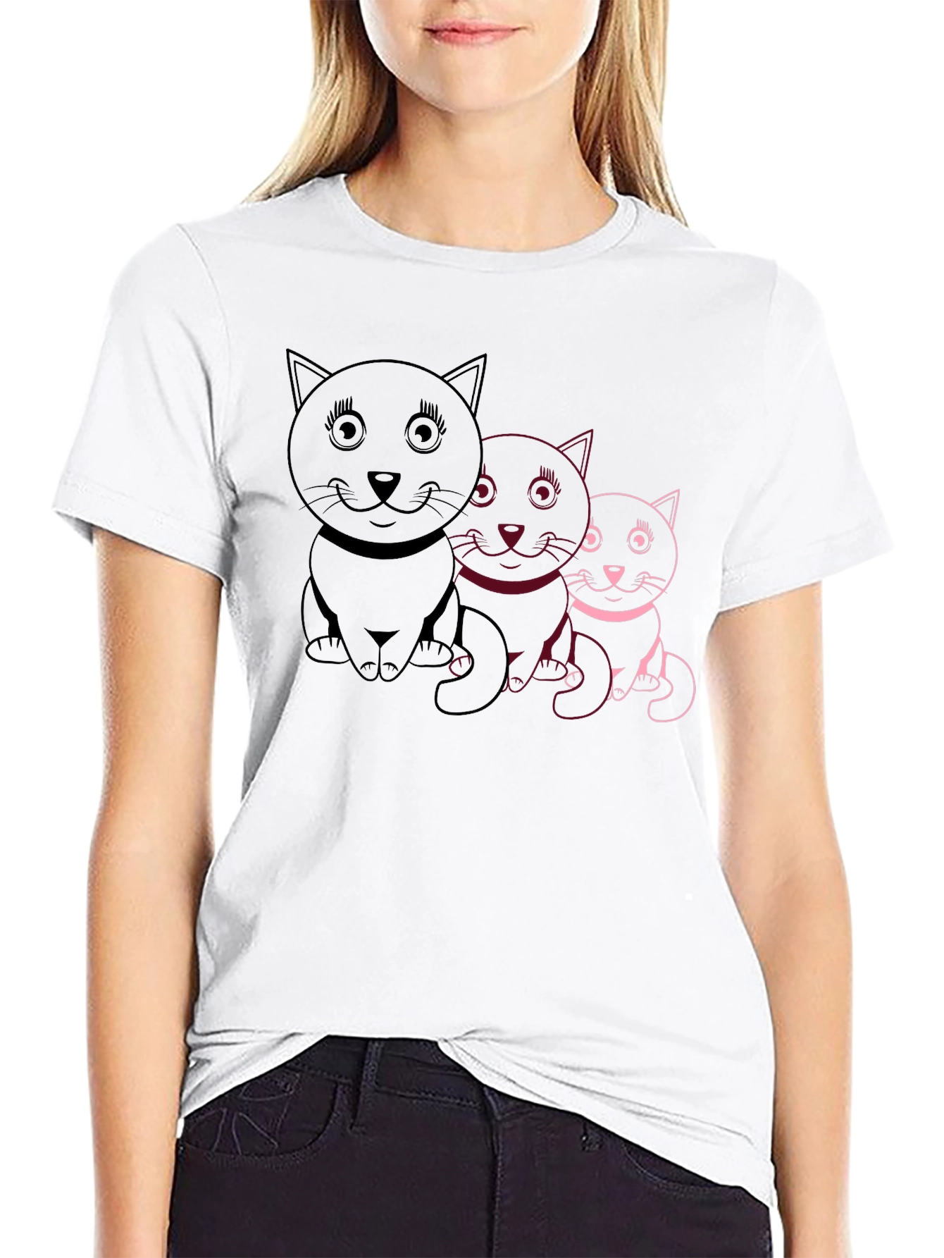 Cute Cat Trio Graphic Tee - Black