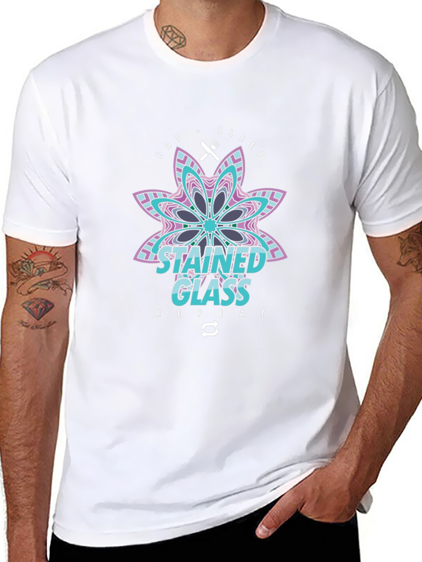 Stained Glass Eat Sleep Repeat Black T-Shirt