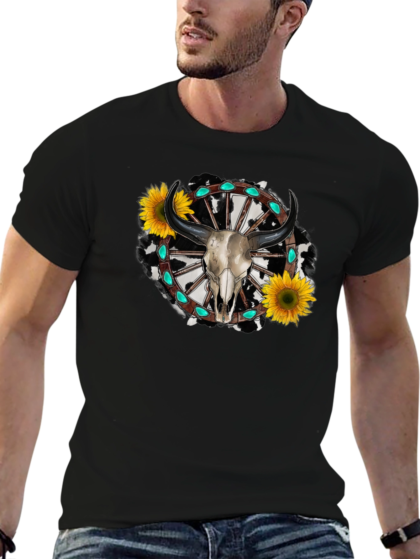 Western Bull Skull Sunflower Graphic Tee