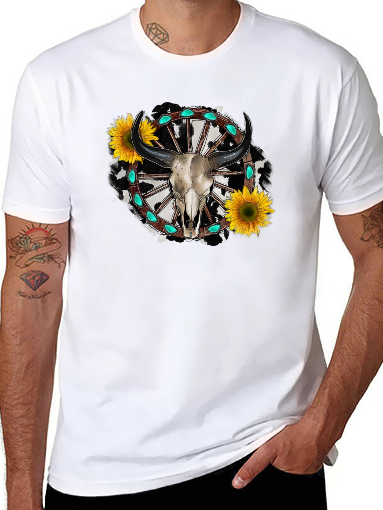 Western Bull Skull Sunflower Graphic Tee