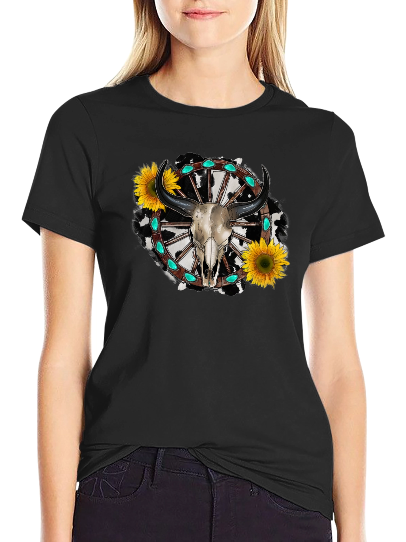 Western Bull Skull Sunflower Graphic Tee