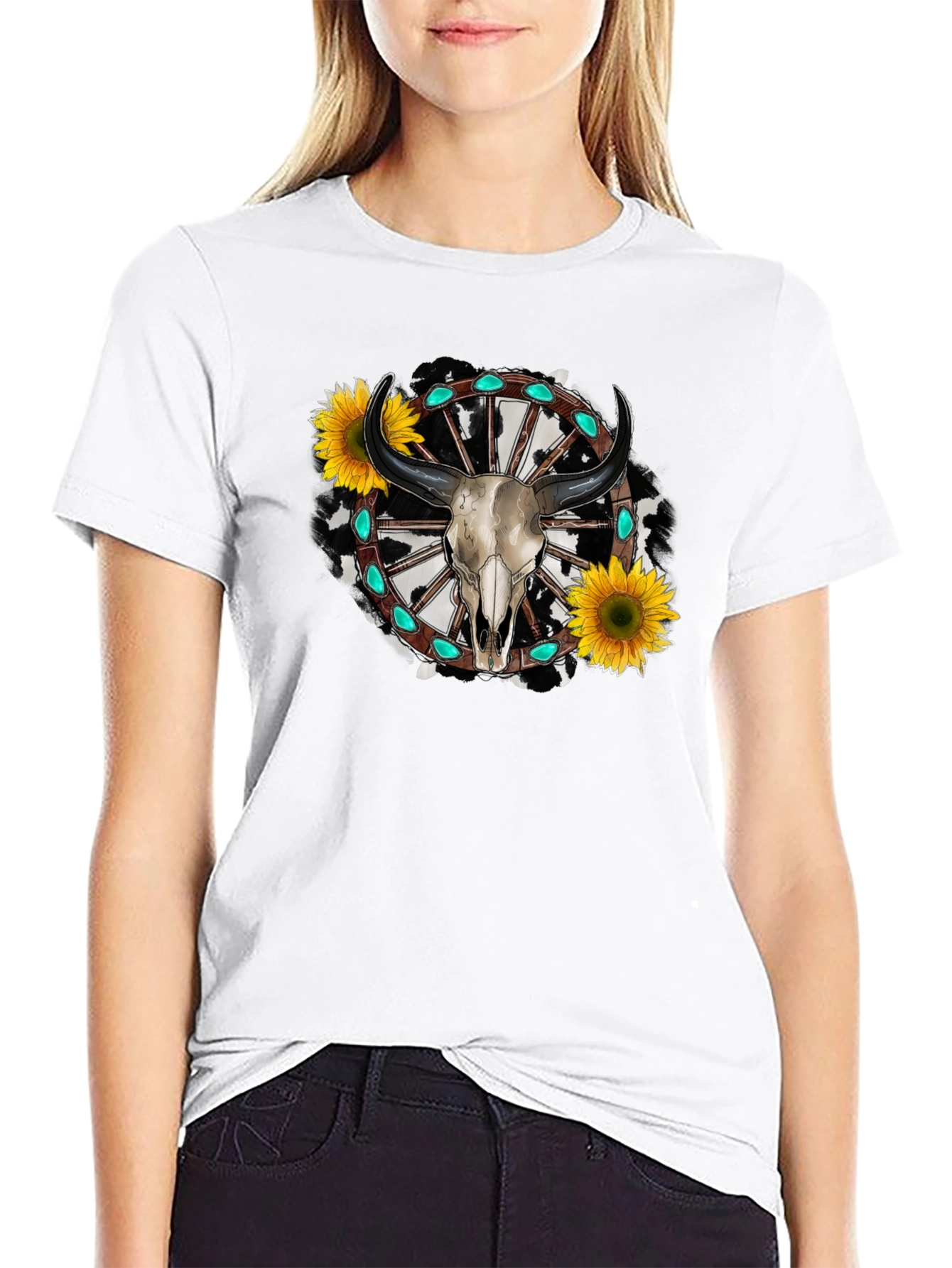 Western Bull Skull Sunflower Graphic Tee