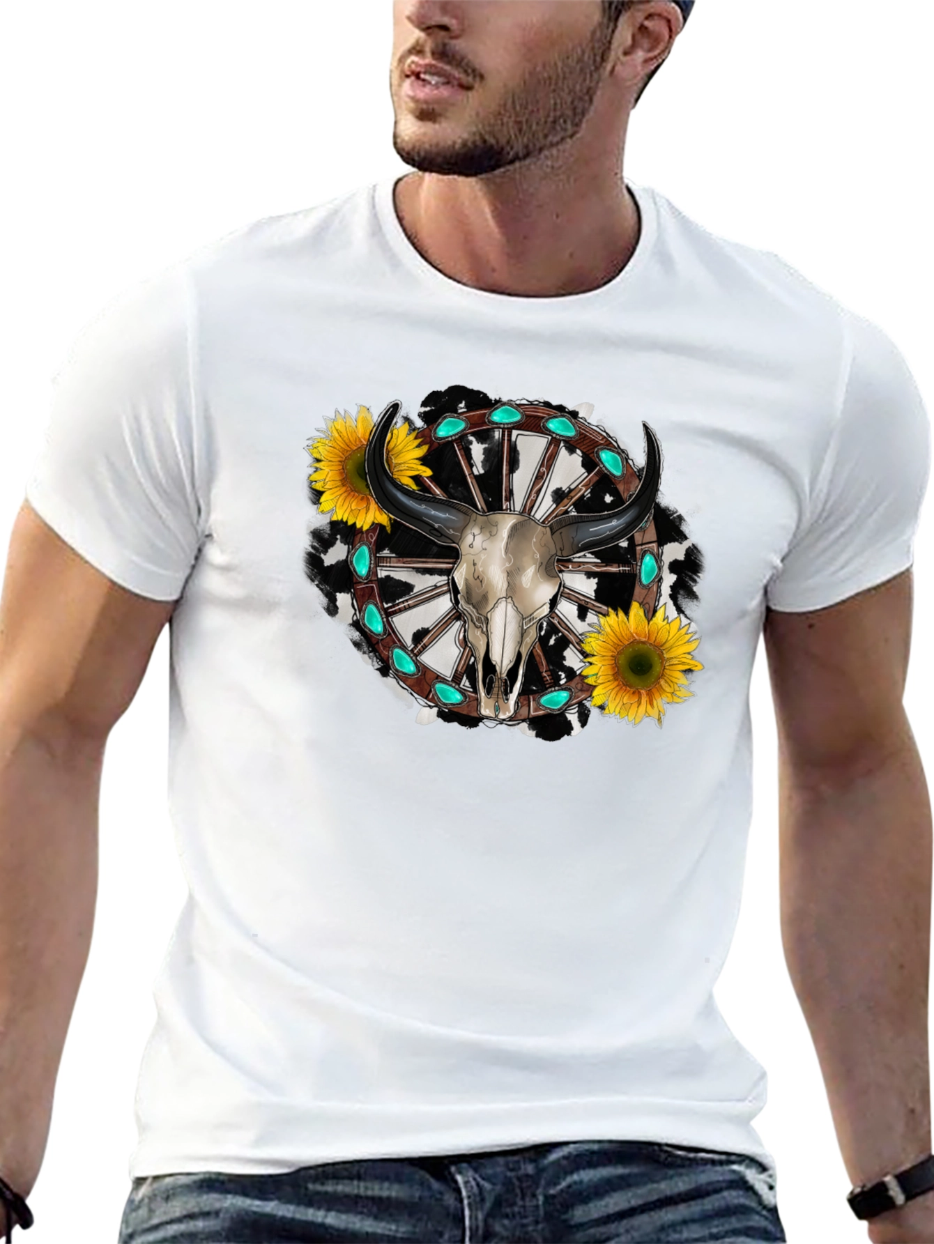 Western Bull Skull Sunflower Graphic Tee