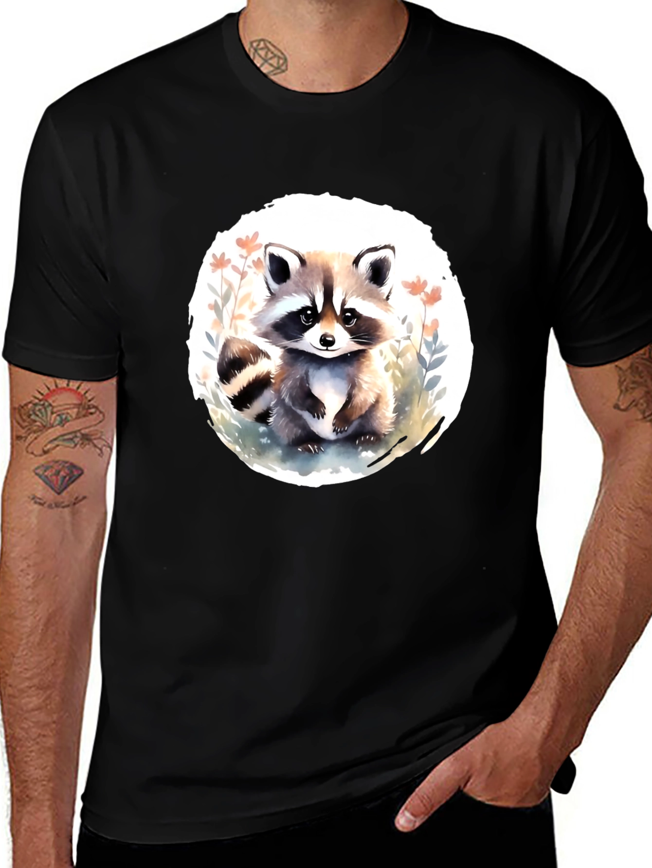 Cute Raccoon Graphic Tee - Black Casual T-Shirt