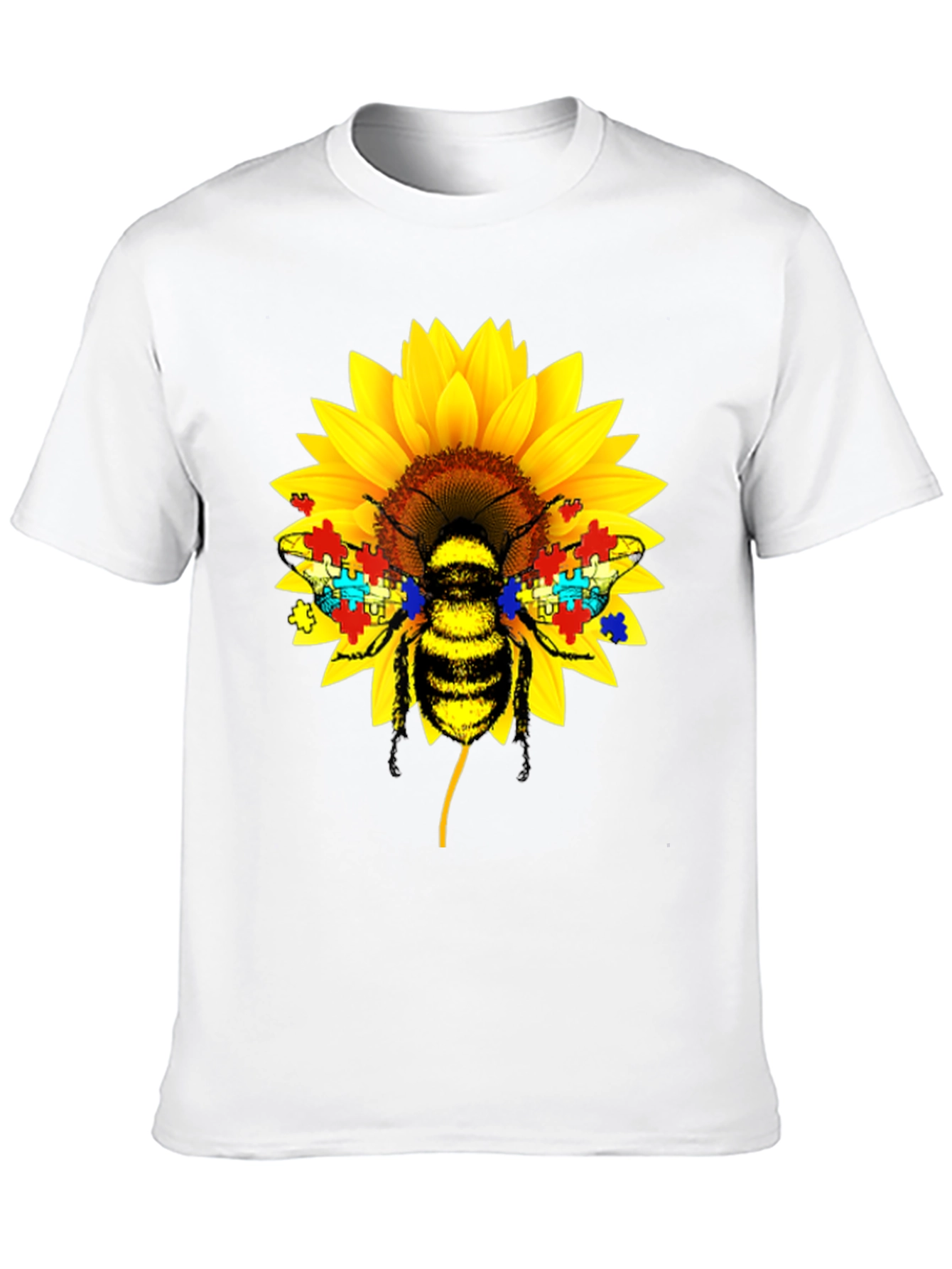 Autism Awareness Bee Sunflower Black T-Shirt
