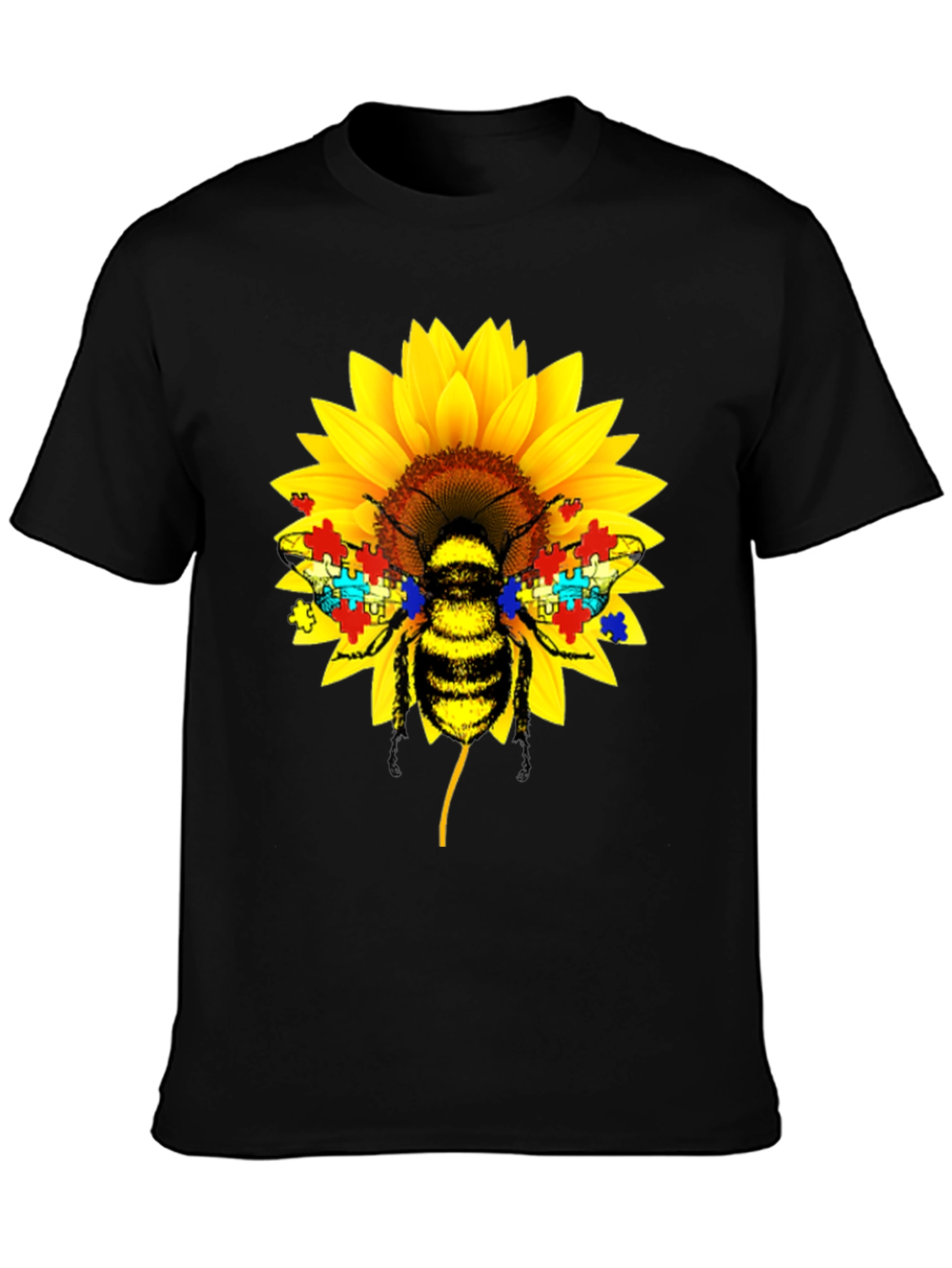 Autism Awareness Bee Sunflower Black T-Shirt