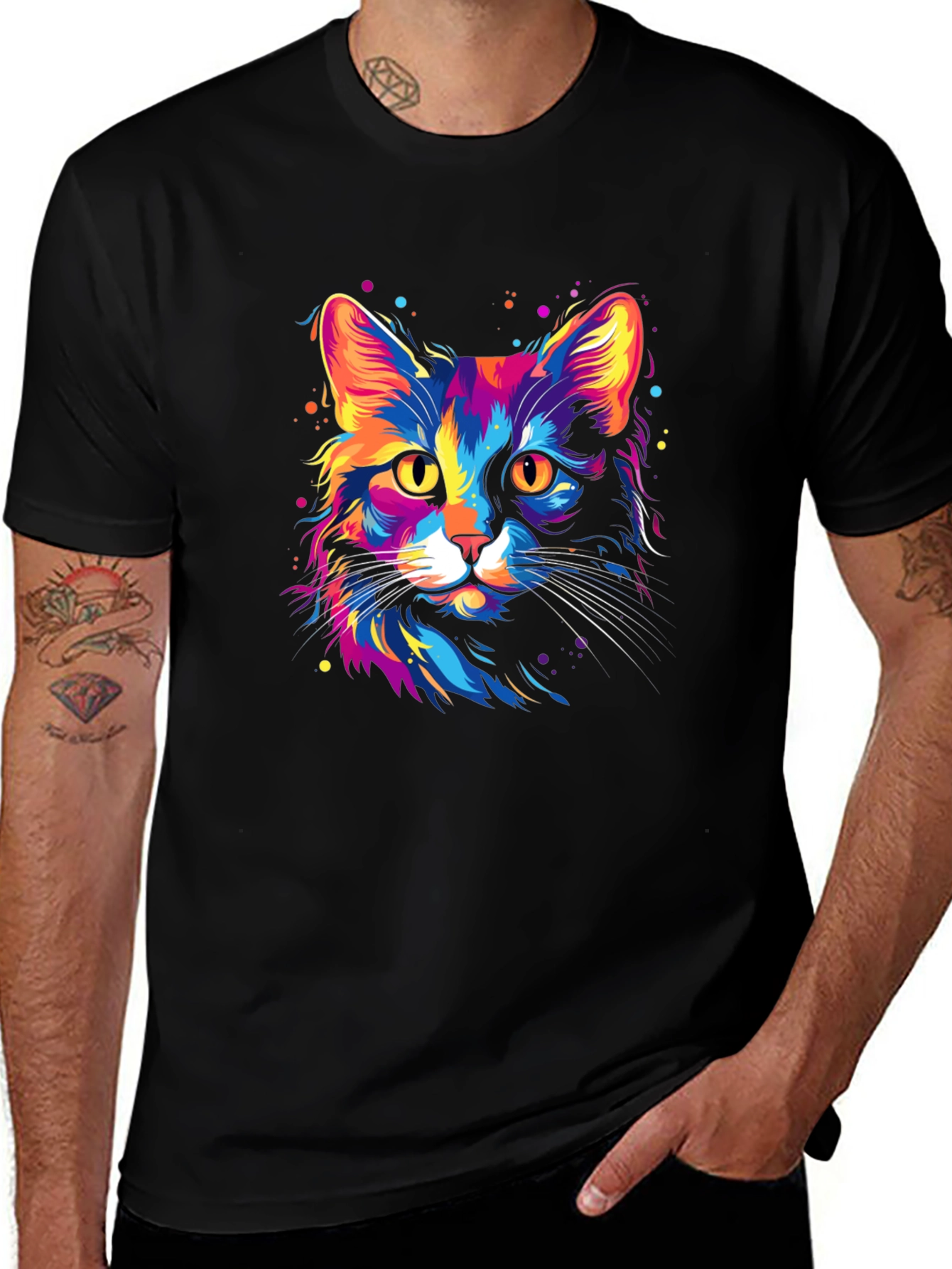 Vibrant Cat Graphic Black T-Shirt
