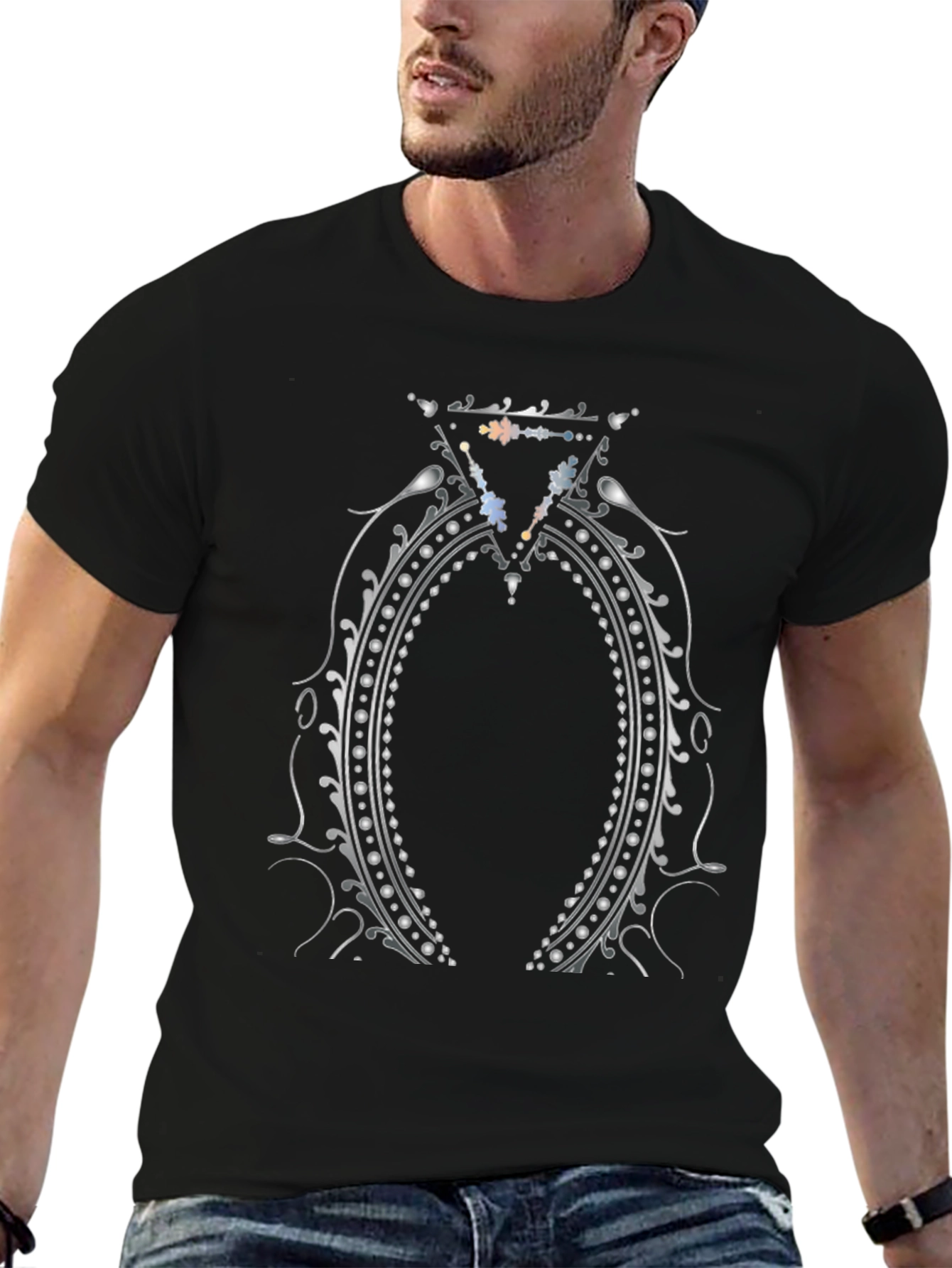 Elegant Silver Ornament Black T-Shirt