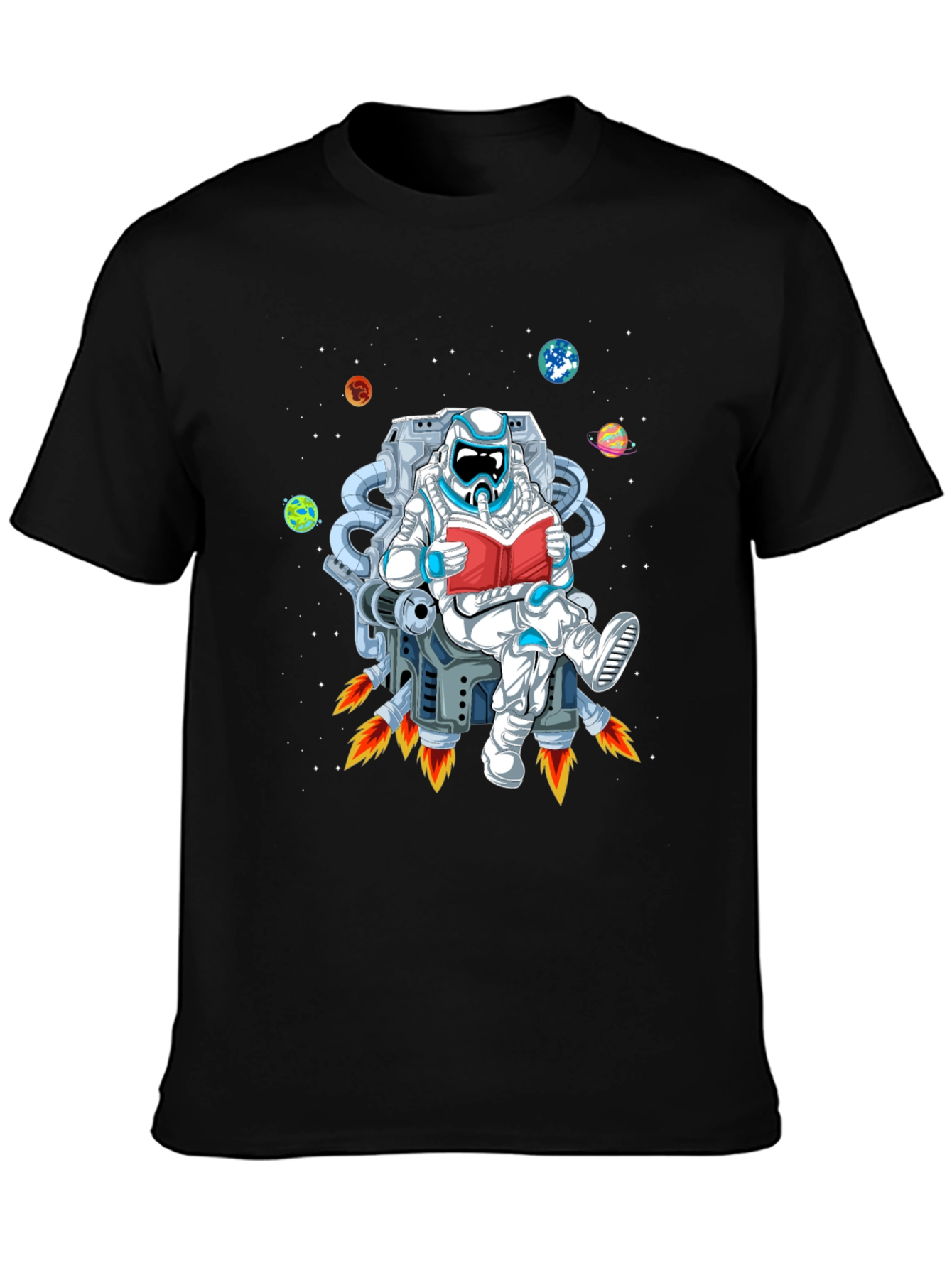 Astronaut Reading in Space Black T-Shirt