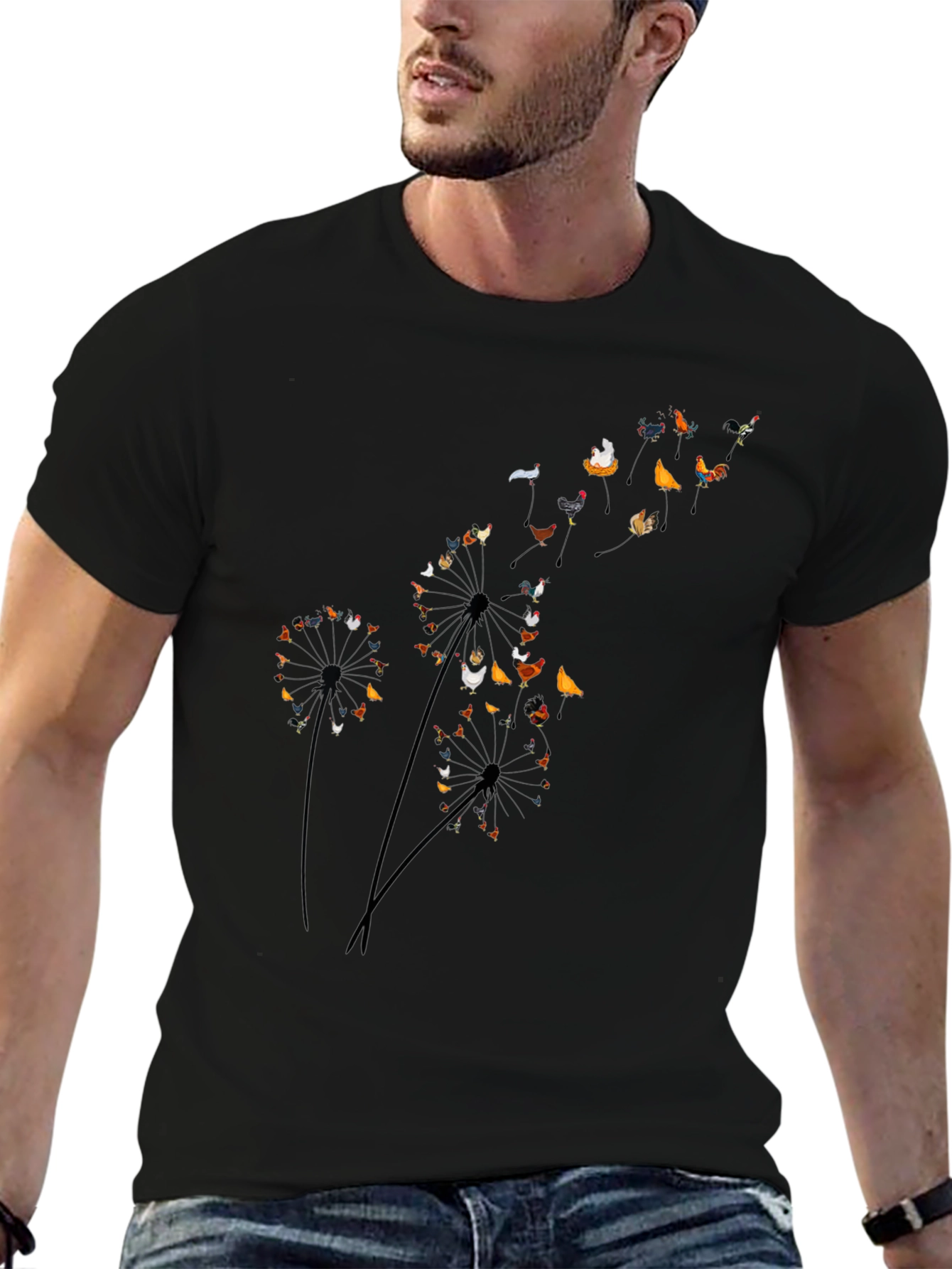 Chicken Dandelion Black T-Shirt