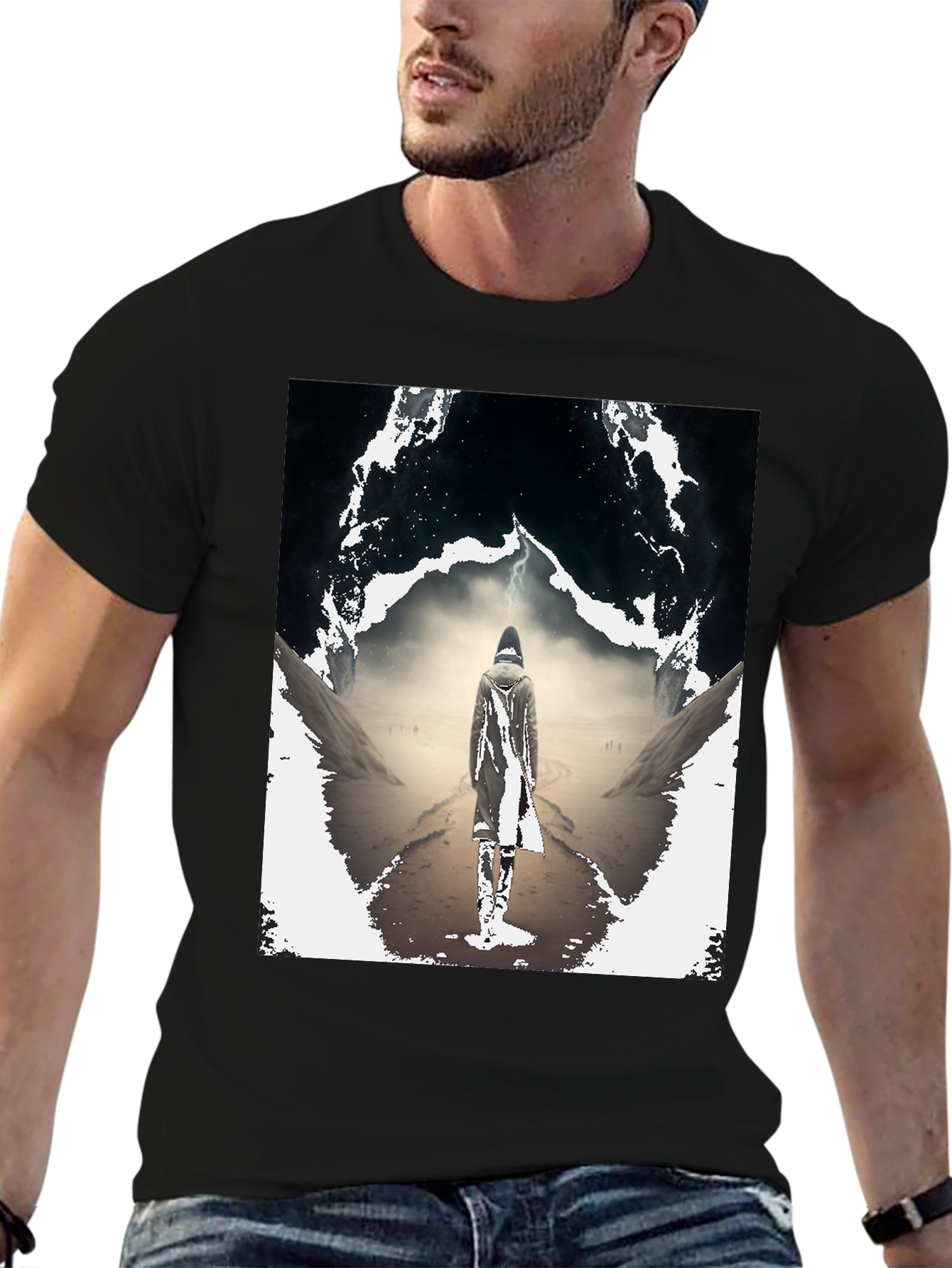 Mystical Wanderer Graphic Tee - Black Cotton Blend