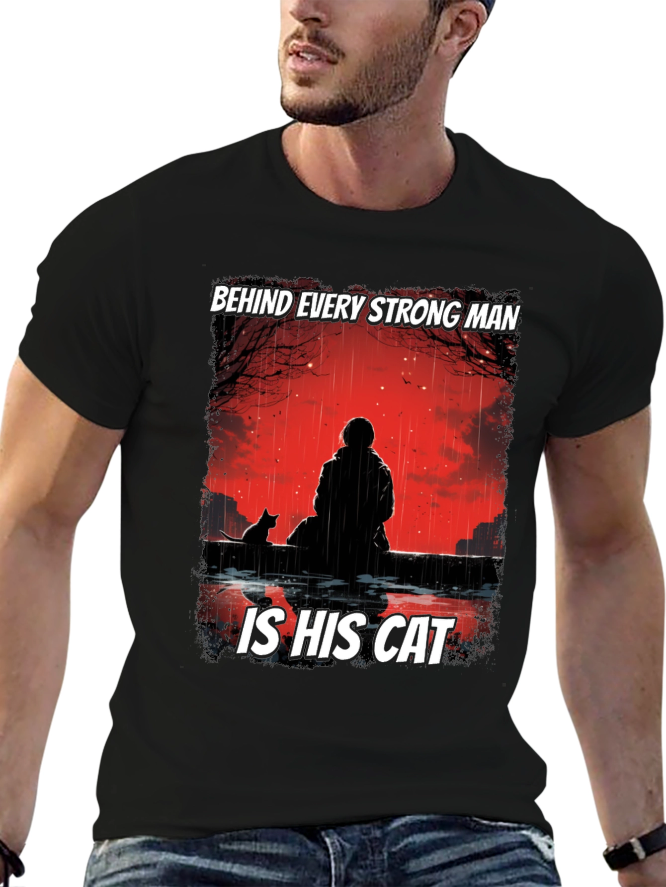 Strong Man & Cat Graphic T-Shirt
