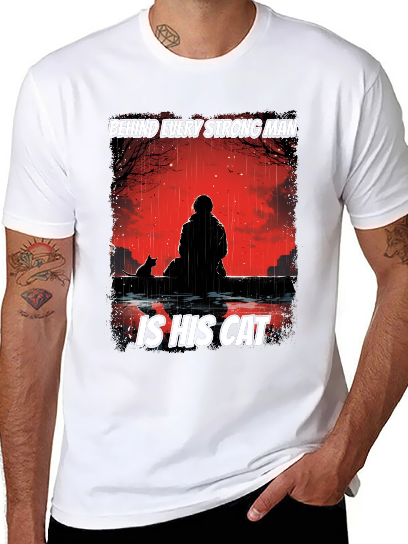Strong Man & Cat Graphic T-Shirt