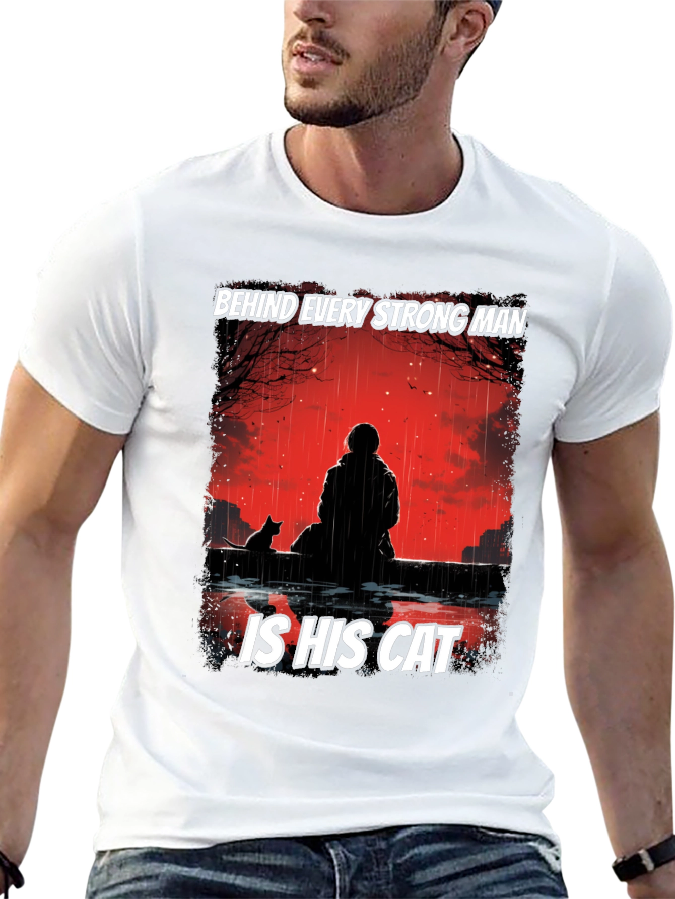 Strong Man & Cat Graphic T-Shirt