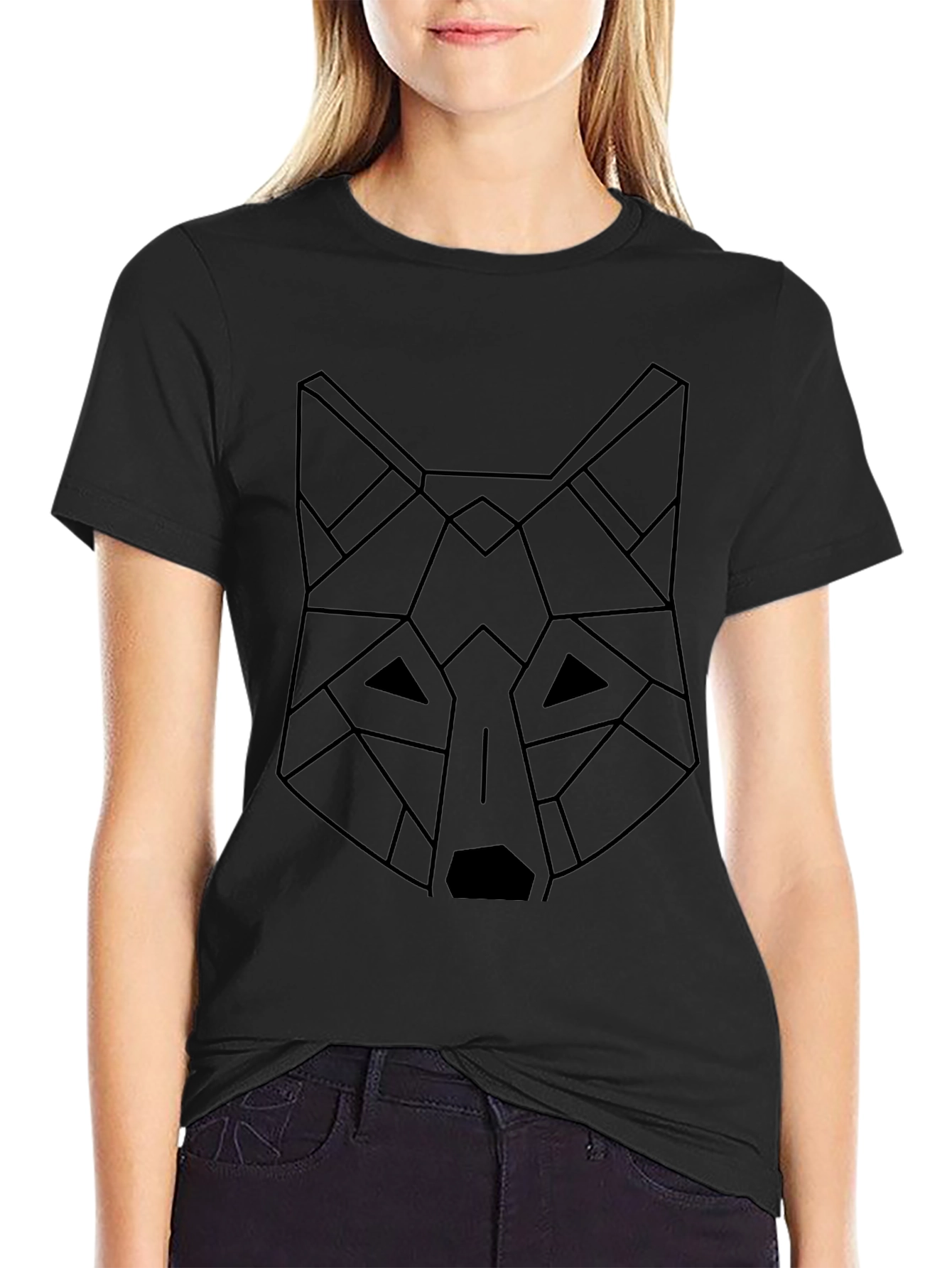 Geometric Wolf Graphic Black T-Shirt