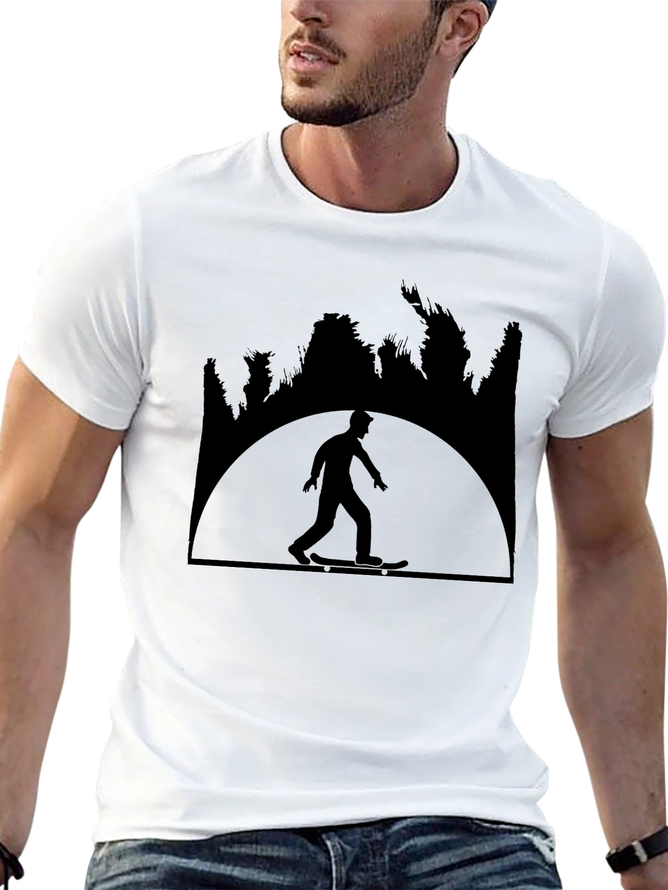 Skateboarder Silhouette Graphic Tee - Black Cotton Shirt