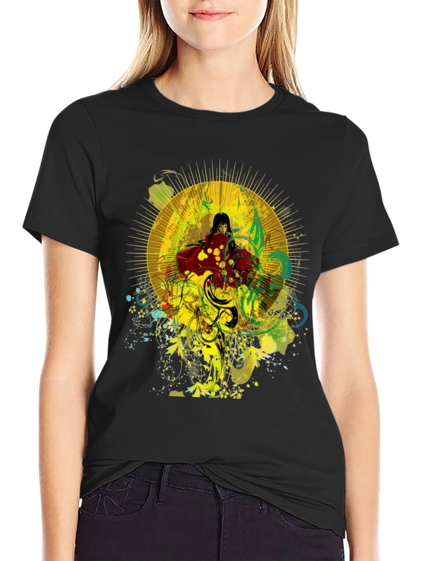 Anime Girl Graphic Print Black Cotton T-Shirt