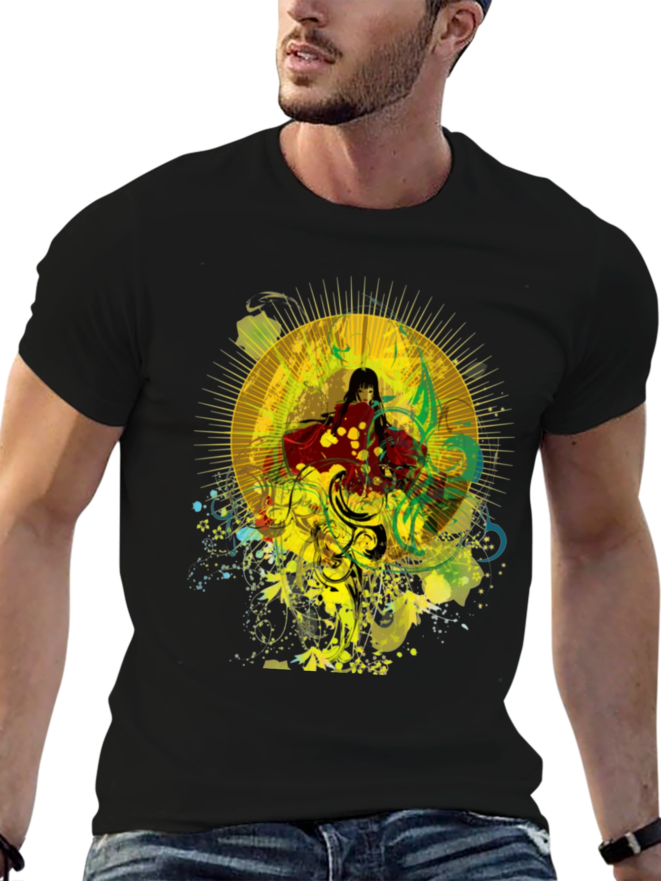 Anime Girl Graphic Print Black Cotton T-Shirt