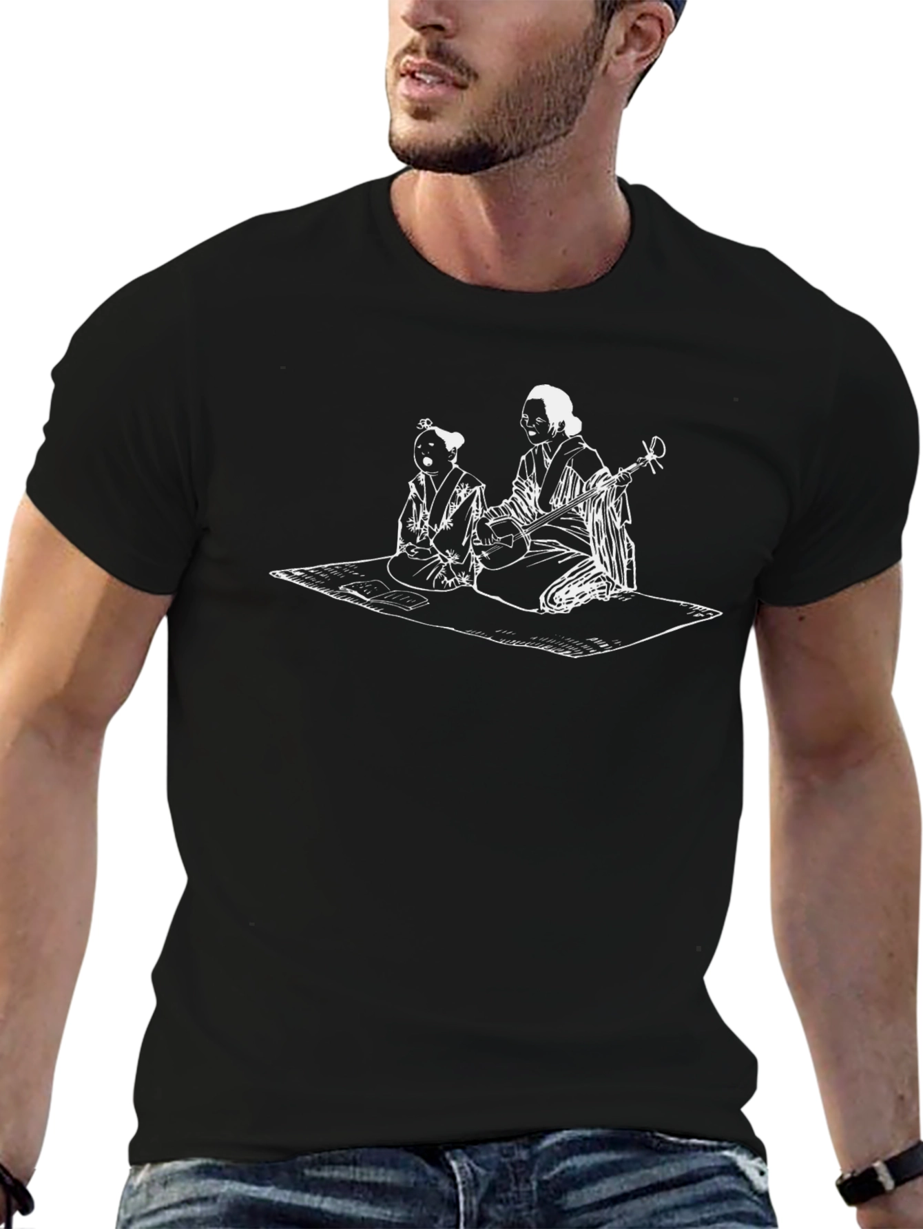 Black T-Shirt with Japanese Art Graphic Print