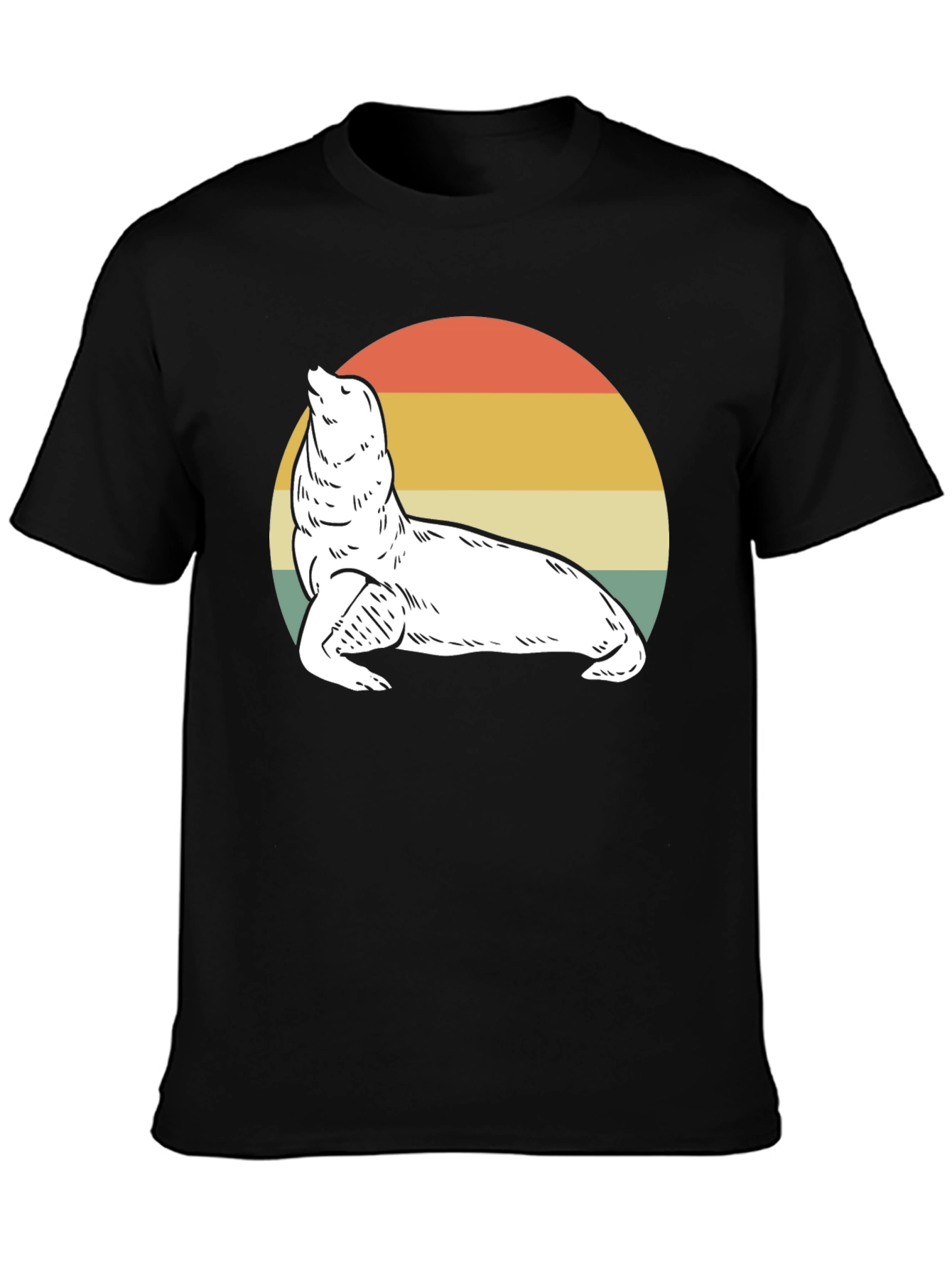 Retro Sea Lion Graphic Tee - Black Cotton T-Shirt