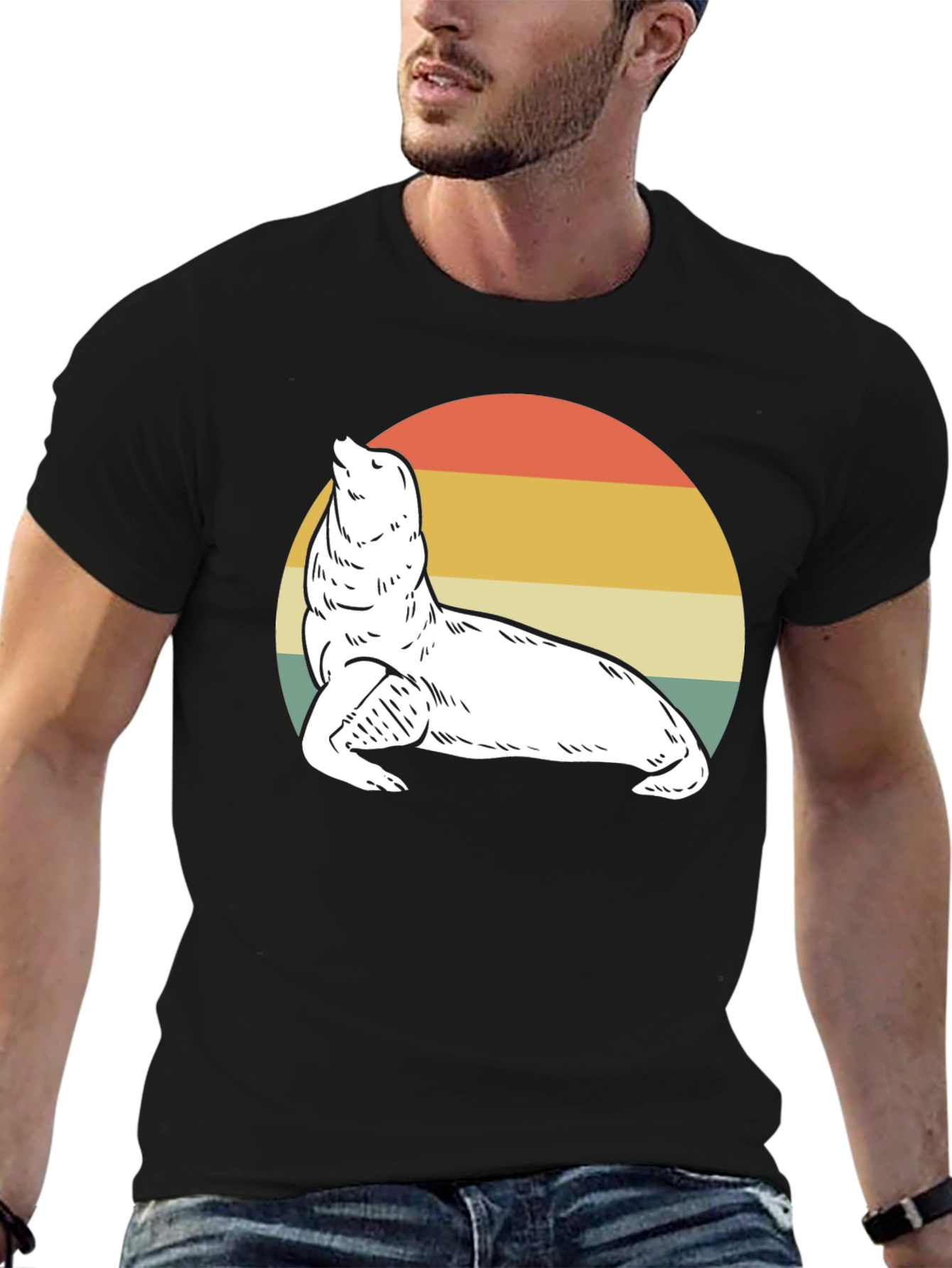 Retro Sea Lion Graphic Tee - Black Cotton T-Shirt