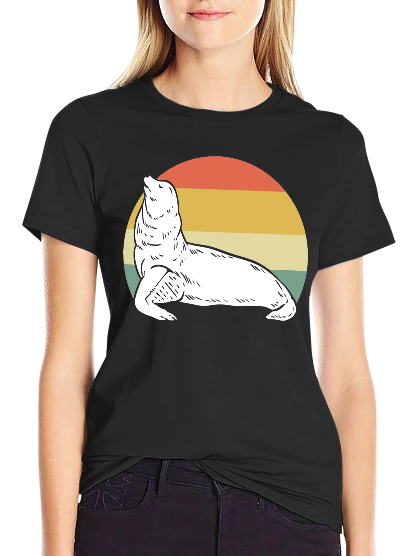Retro Sea Lion Graphic Tee - Black Cotton T-Shirt