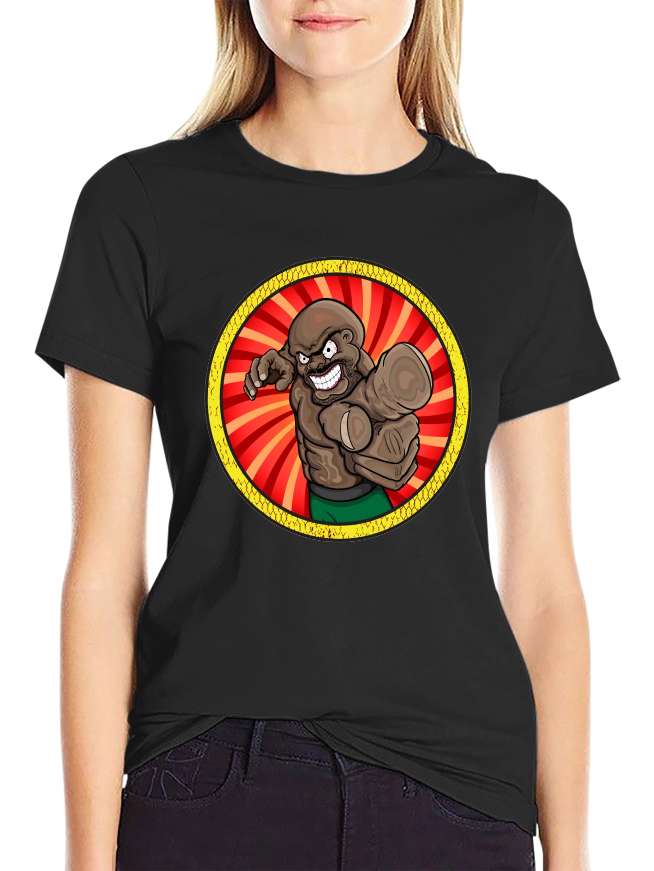 Cartoon Boxer Graphic Tee - Black Cotton T-Shirt