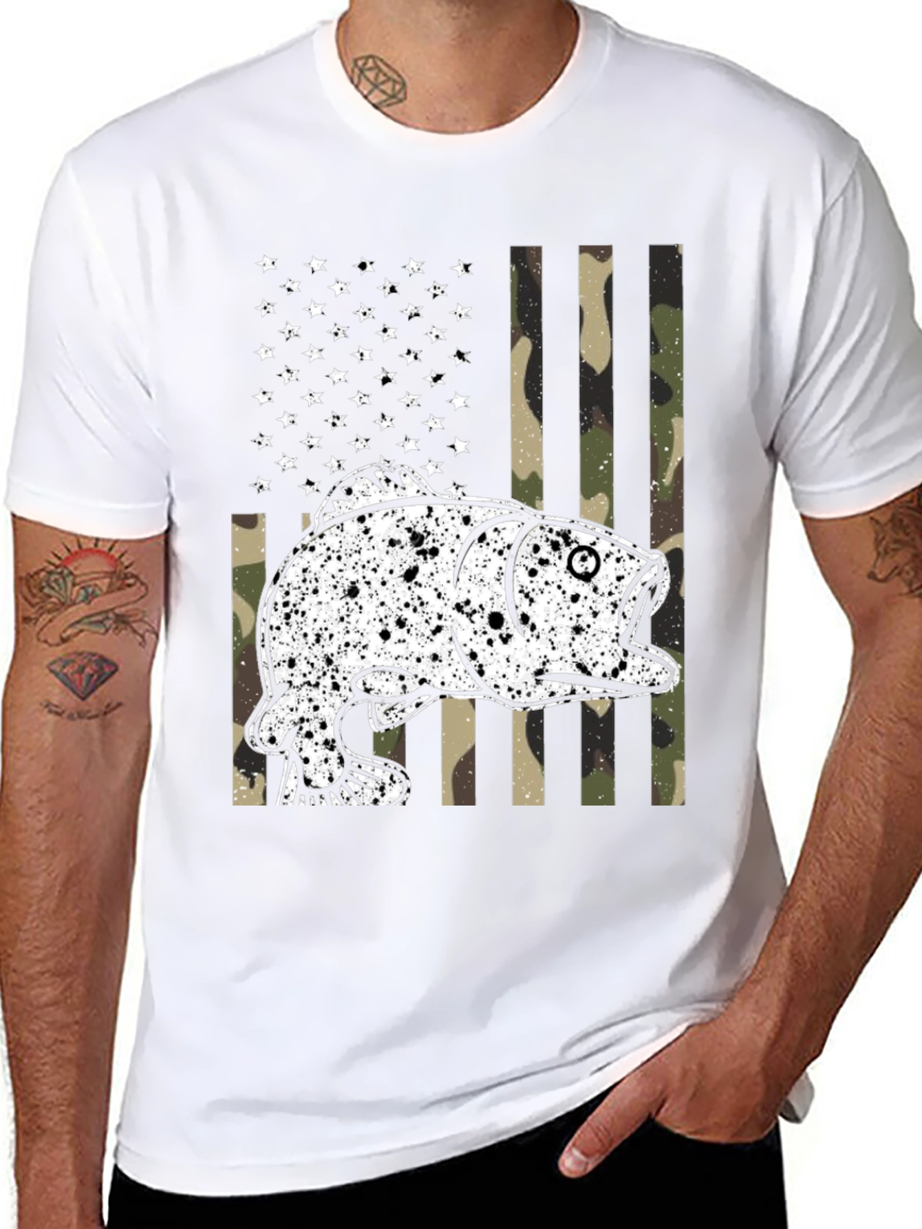 American Flag Camo Fish Graphic Tee - Black