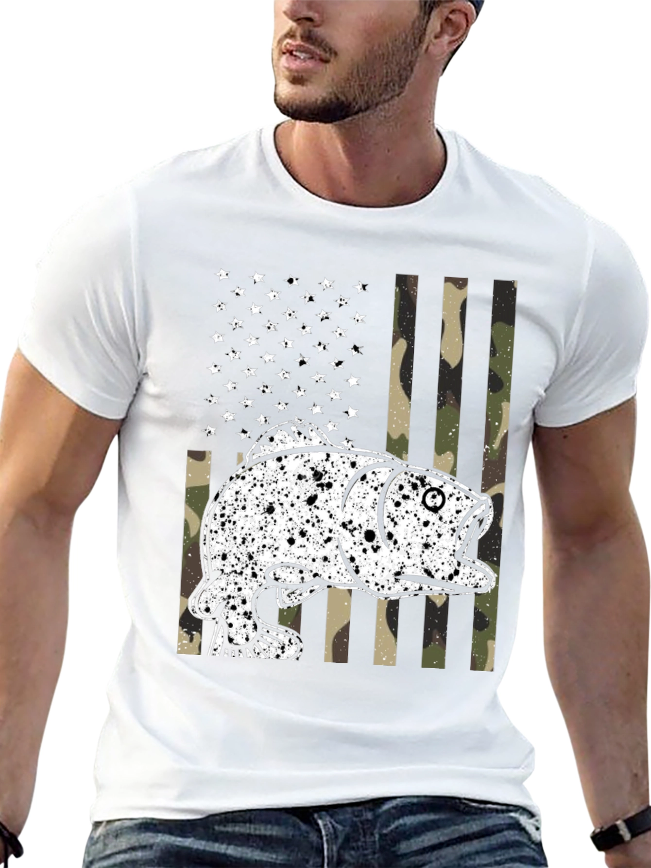 American Flag Camo Fish Graphic Tee - Black