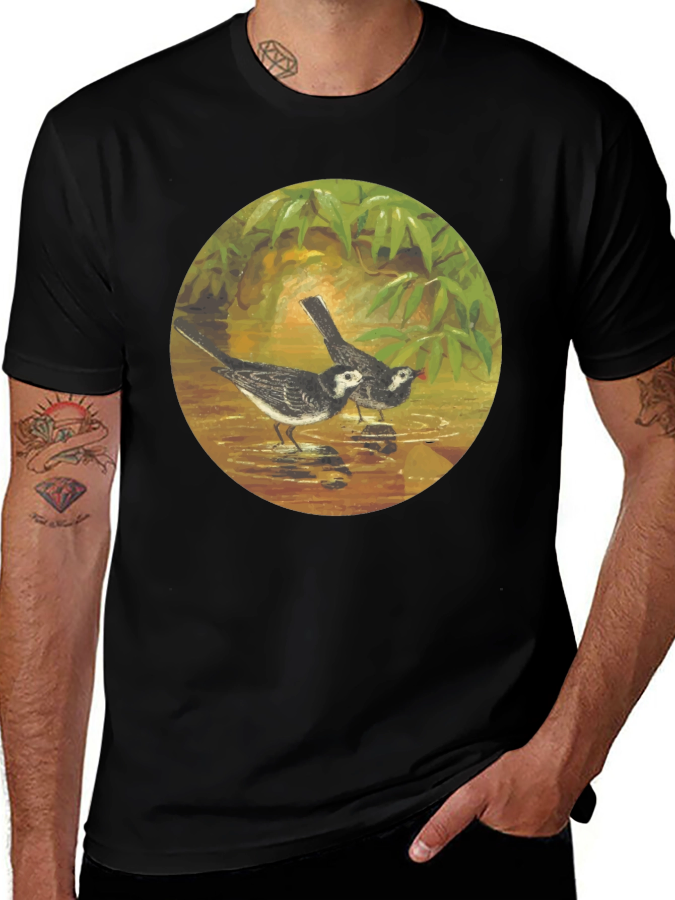 Black T-Shirt with Bird Art Print