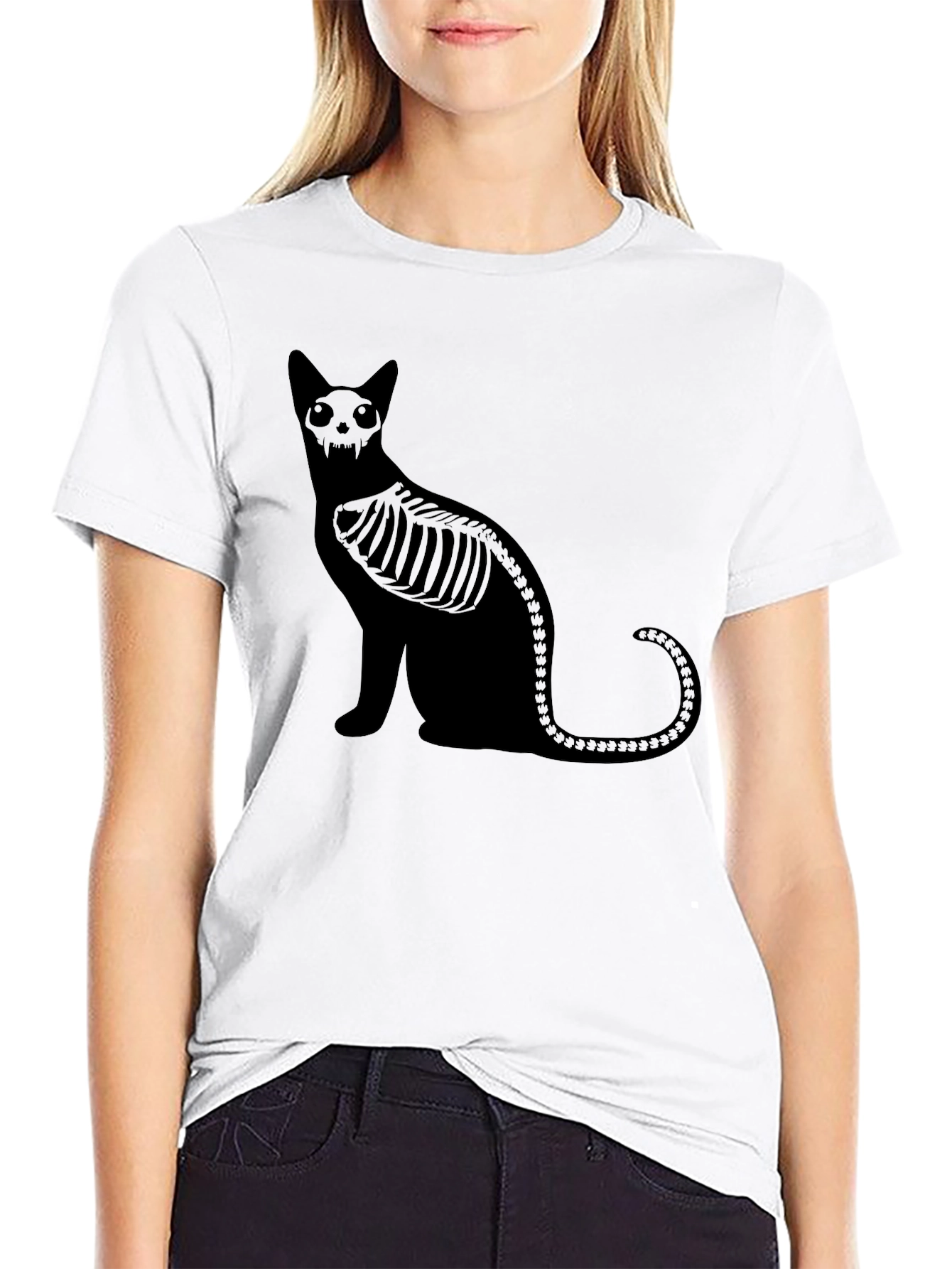 Skeleton Cat Graphic Black T-Shirt