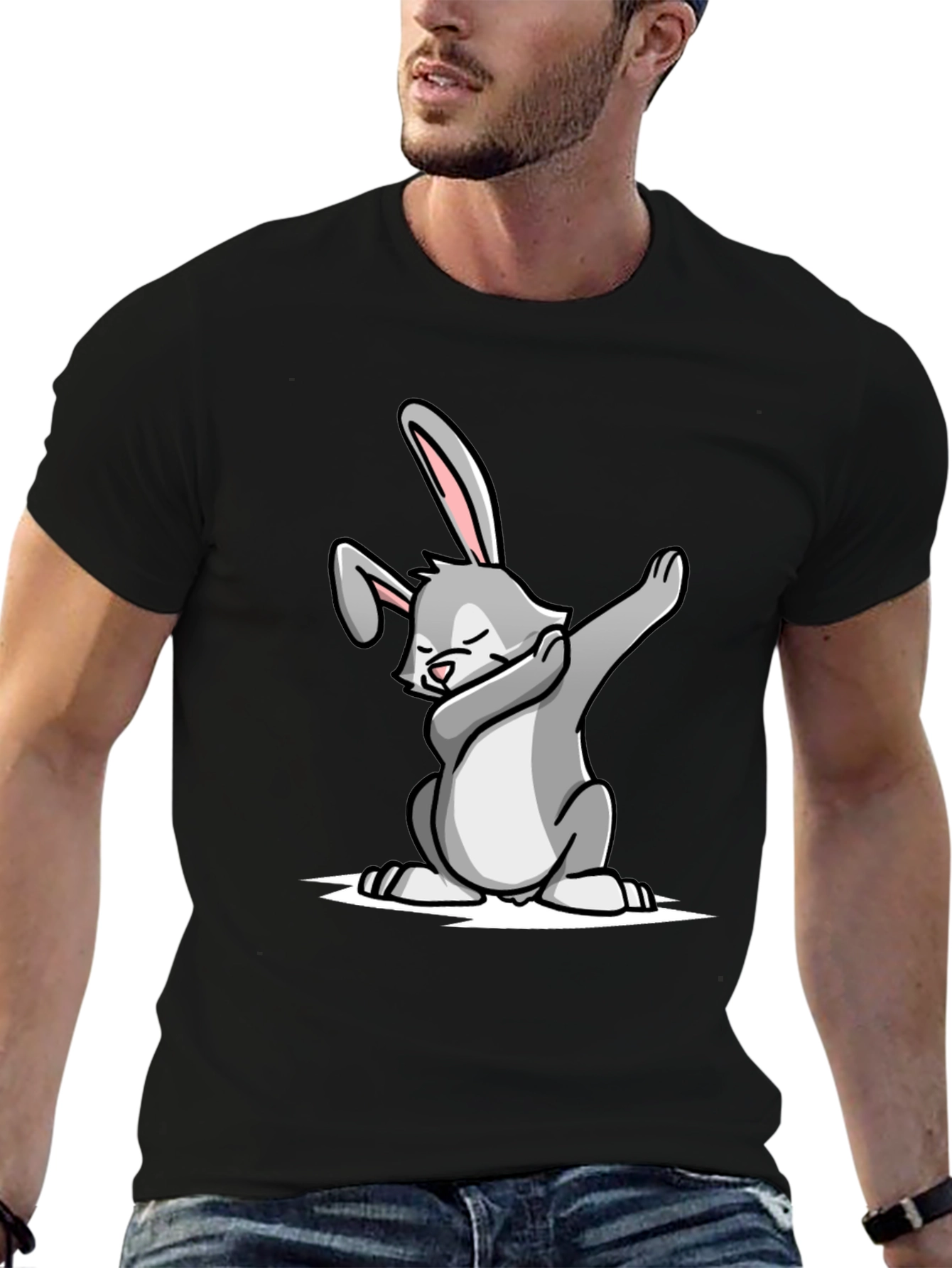 Dabbing Bunny Graphic Tee - Black Cotton T-Shirt