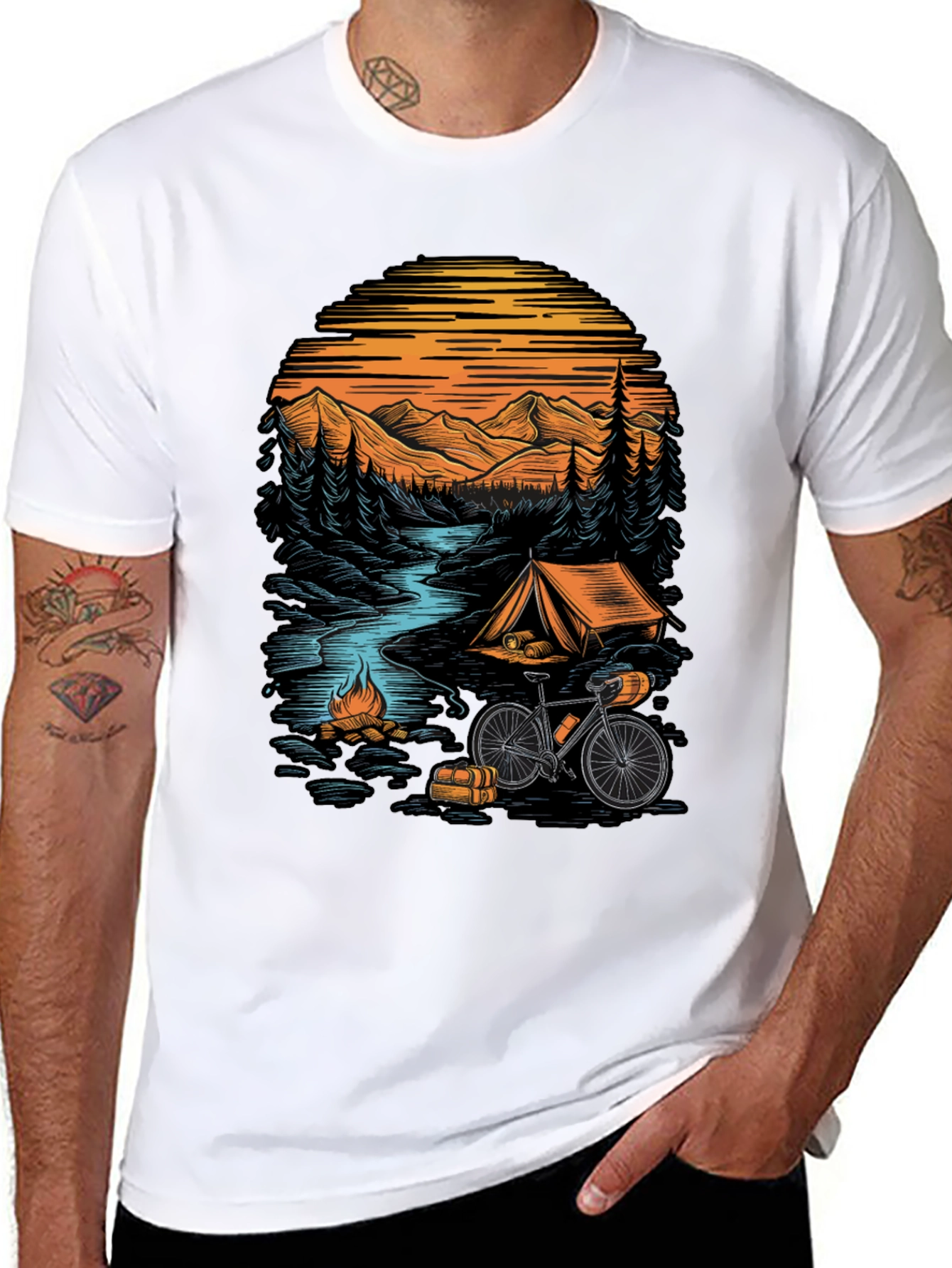 Adventure Camping T-Shirt - Mountain & Bicycle Design