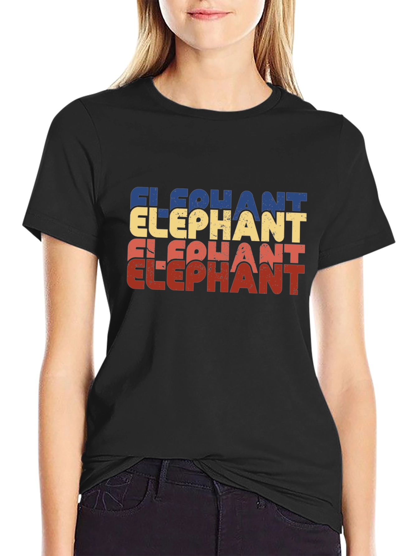 Retro Elephant Graphic Print Black T-Shirt