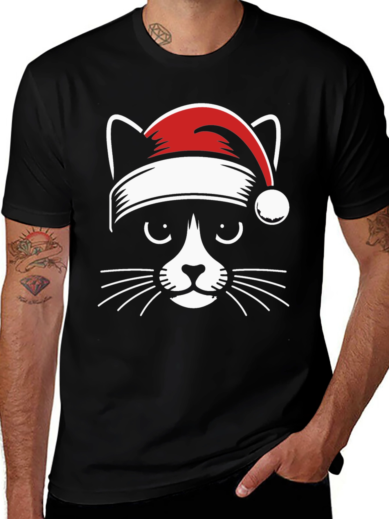 Festive Cat Tee - Santa Hat Graphic T-Shirt