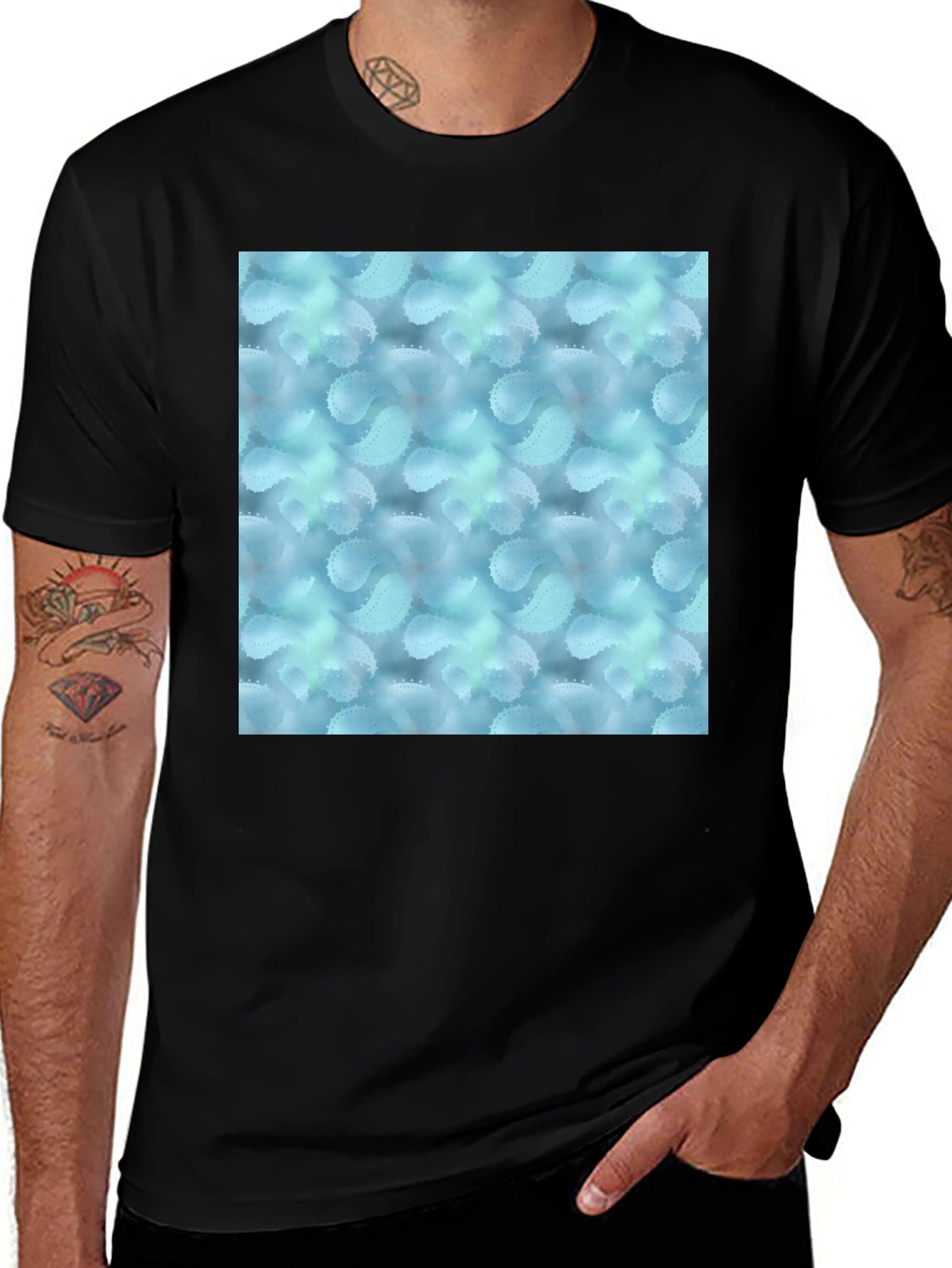 Stylish Black Tee with Abstract Blue Pattern