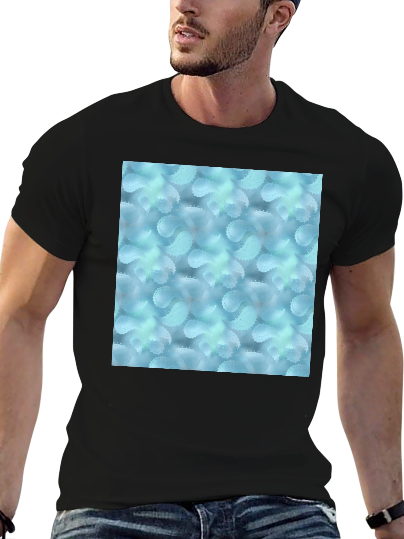 Stylish Black Tee with Abstract Blue Pattern