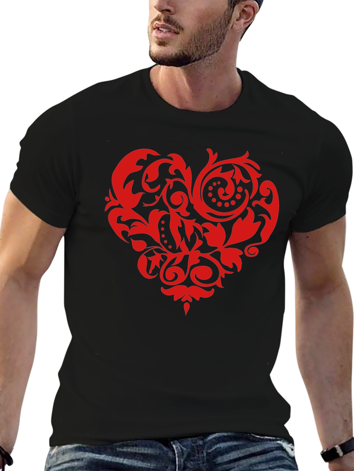Stylish Black T-Shirt with Red Heart Design