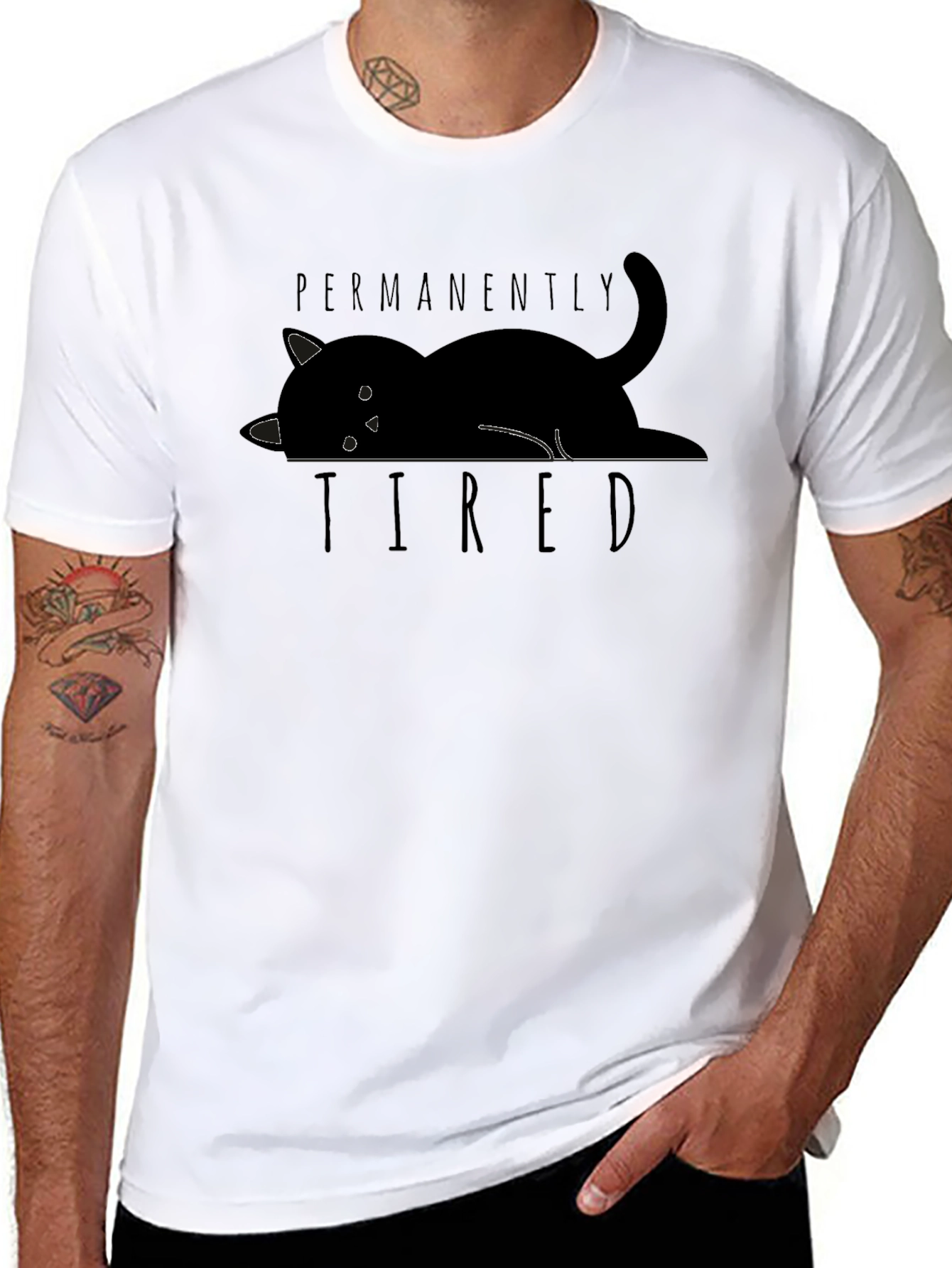 Permanently Tired Cat Graphic Black T-Shirt
