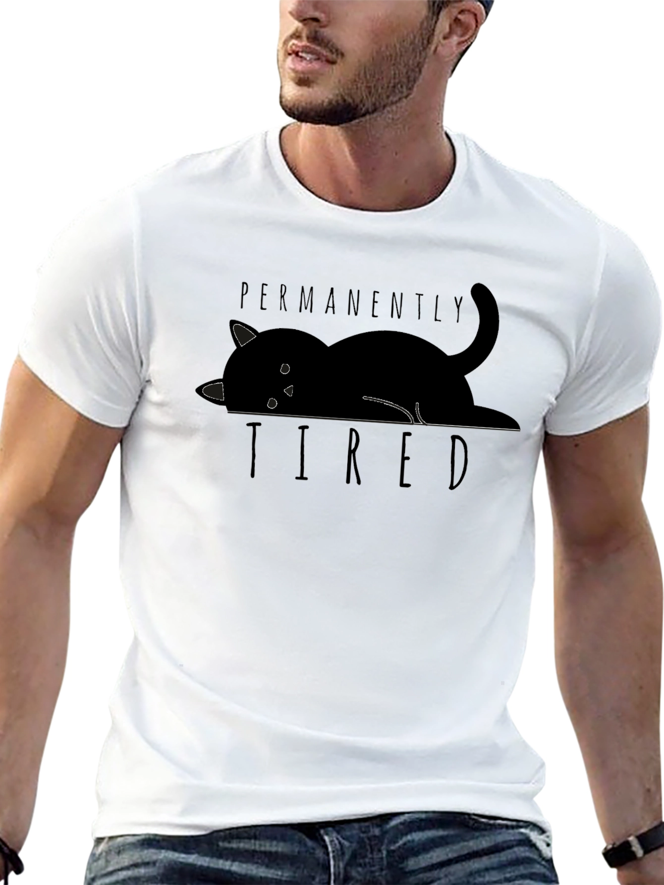 Permanently Tired Cat Graphic Black T-Shirt