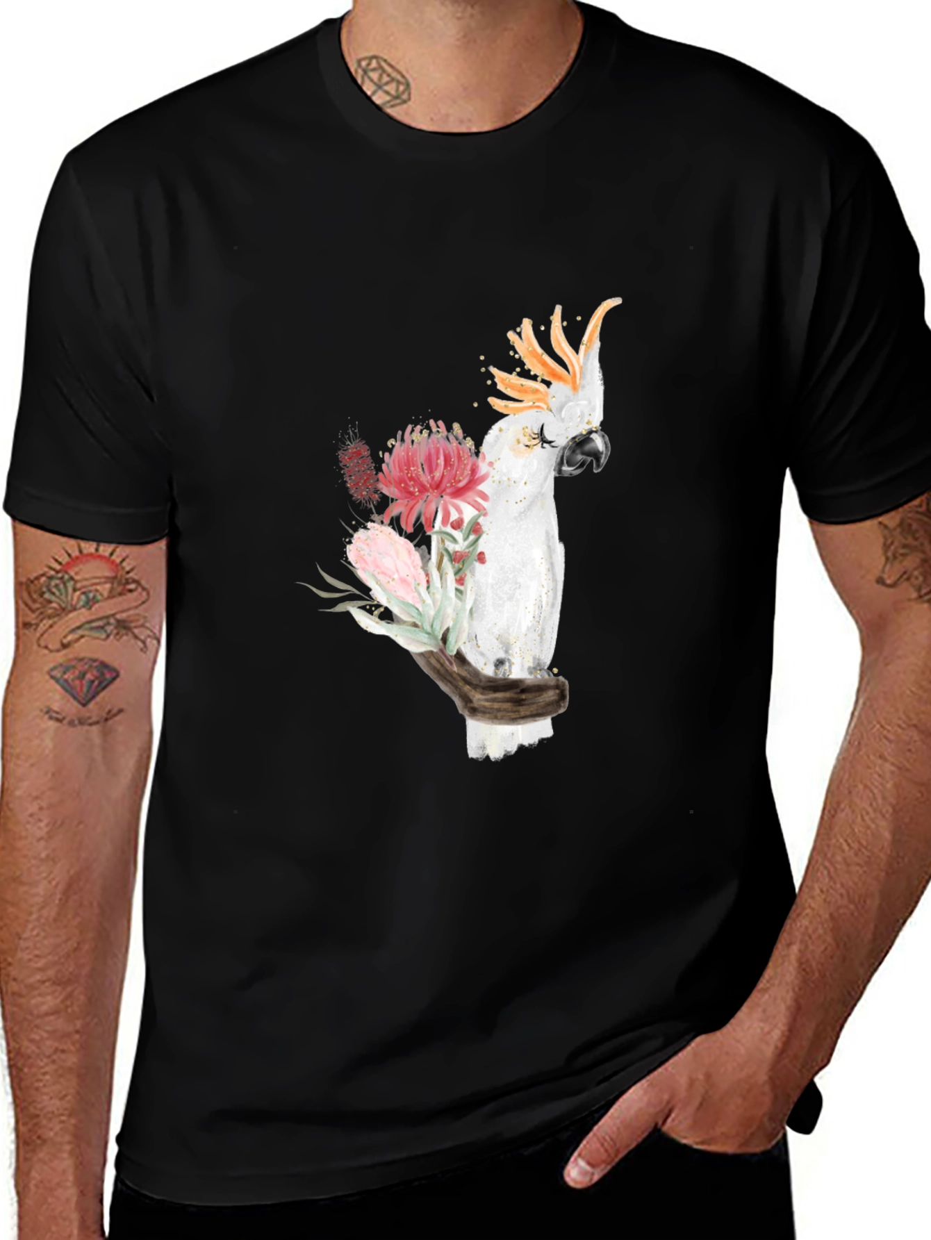 Cockatoo Floral Print T-Shirt - Black