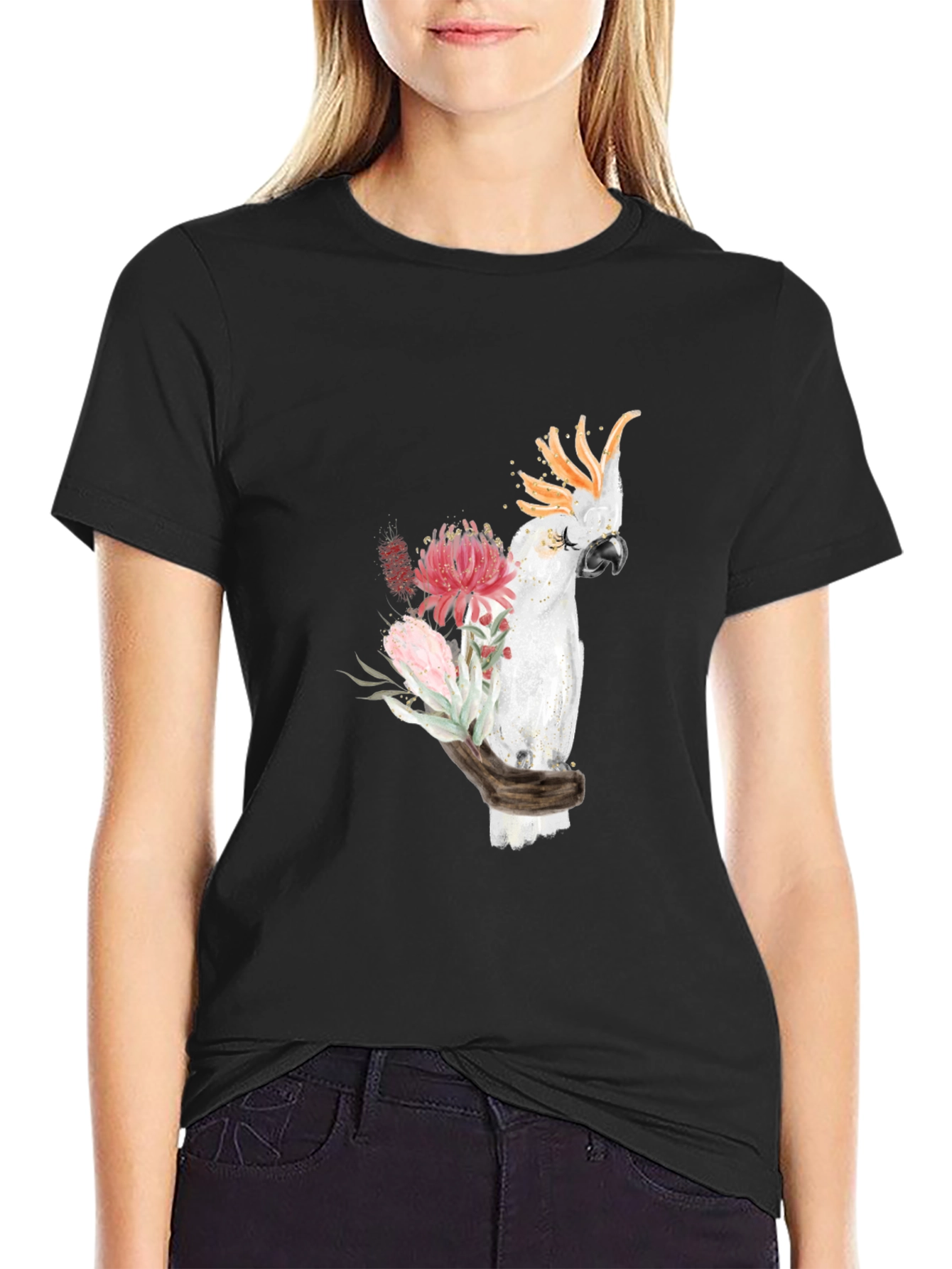 Cockatoo Floral Print T-Shirt - Black