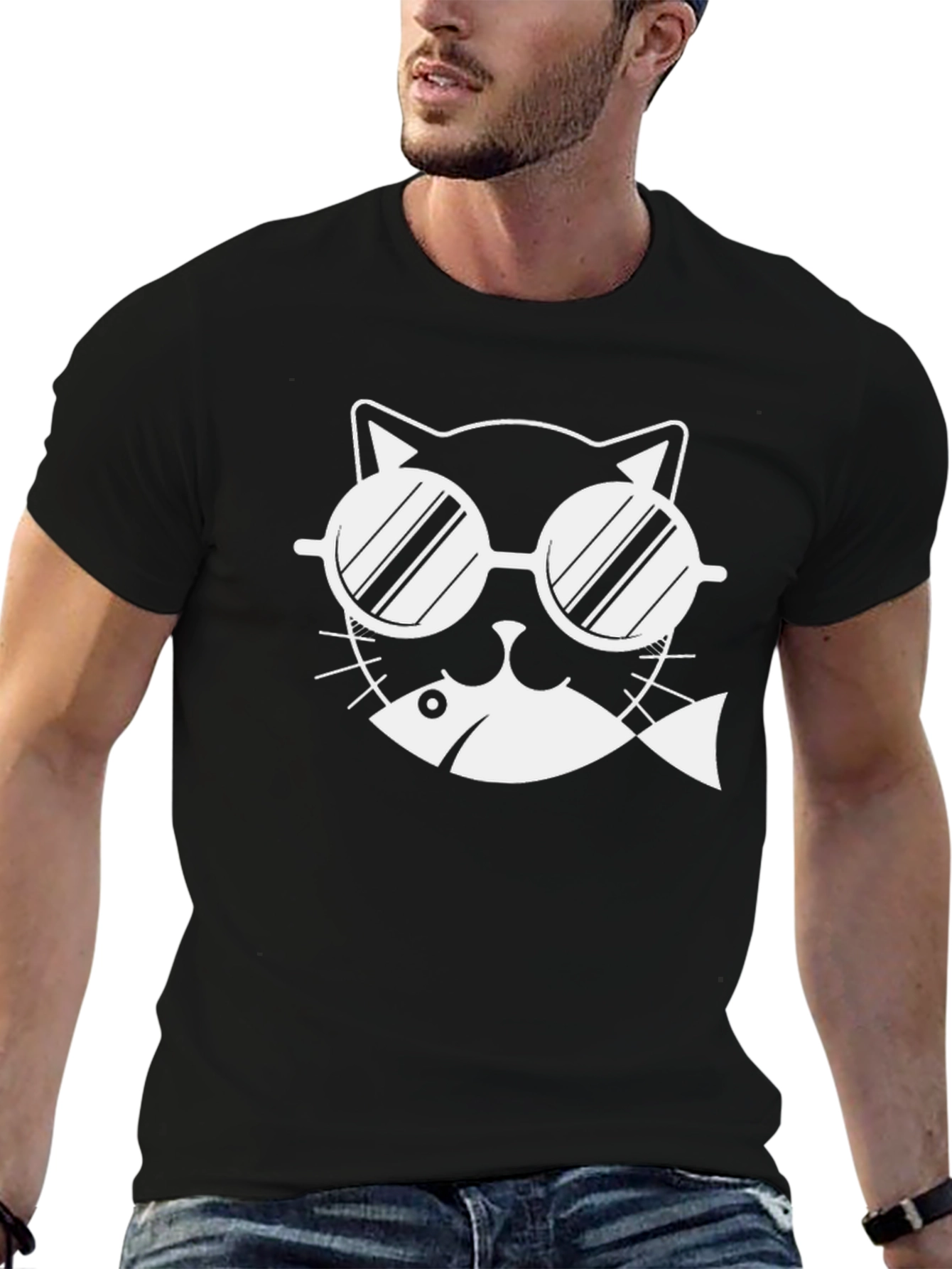 Cool Cat with Fish T-Shirt - Black