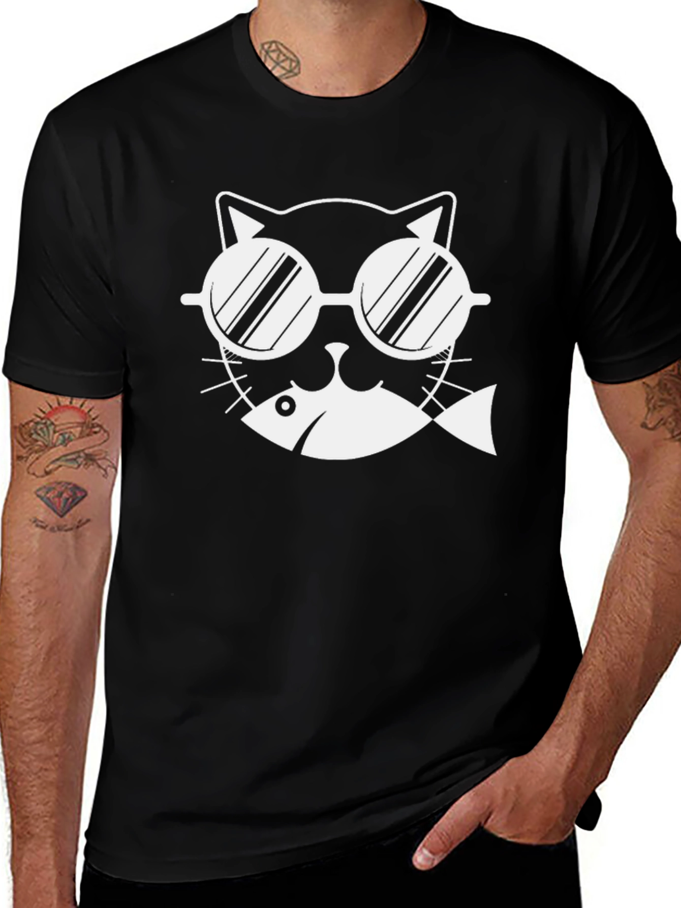 Cool Cat with Fish T-Shirt - Black