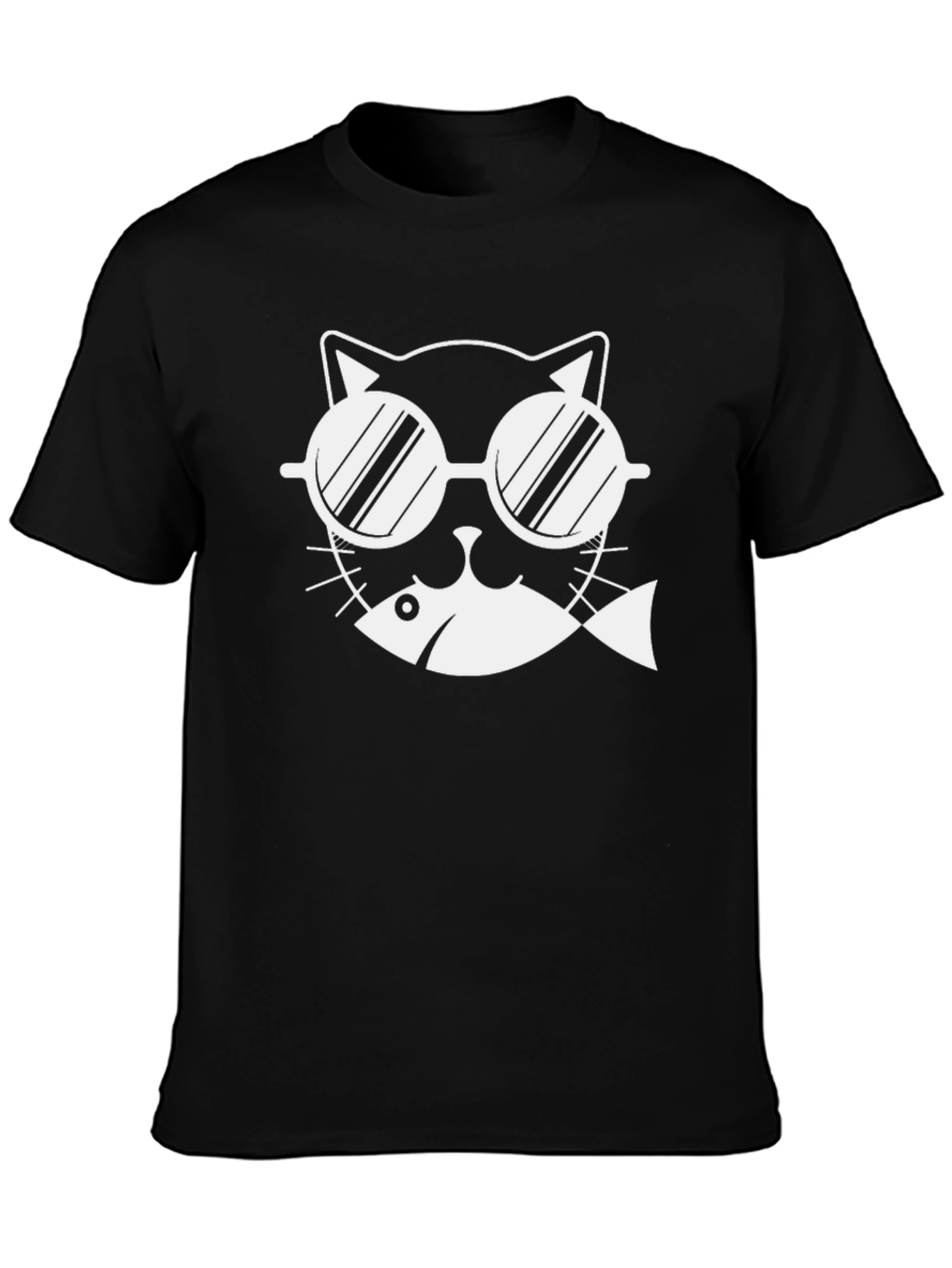 Cool Cat with Fish T-Shirt - Black
