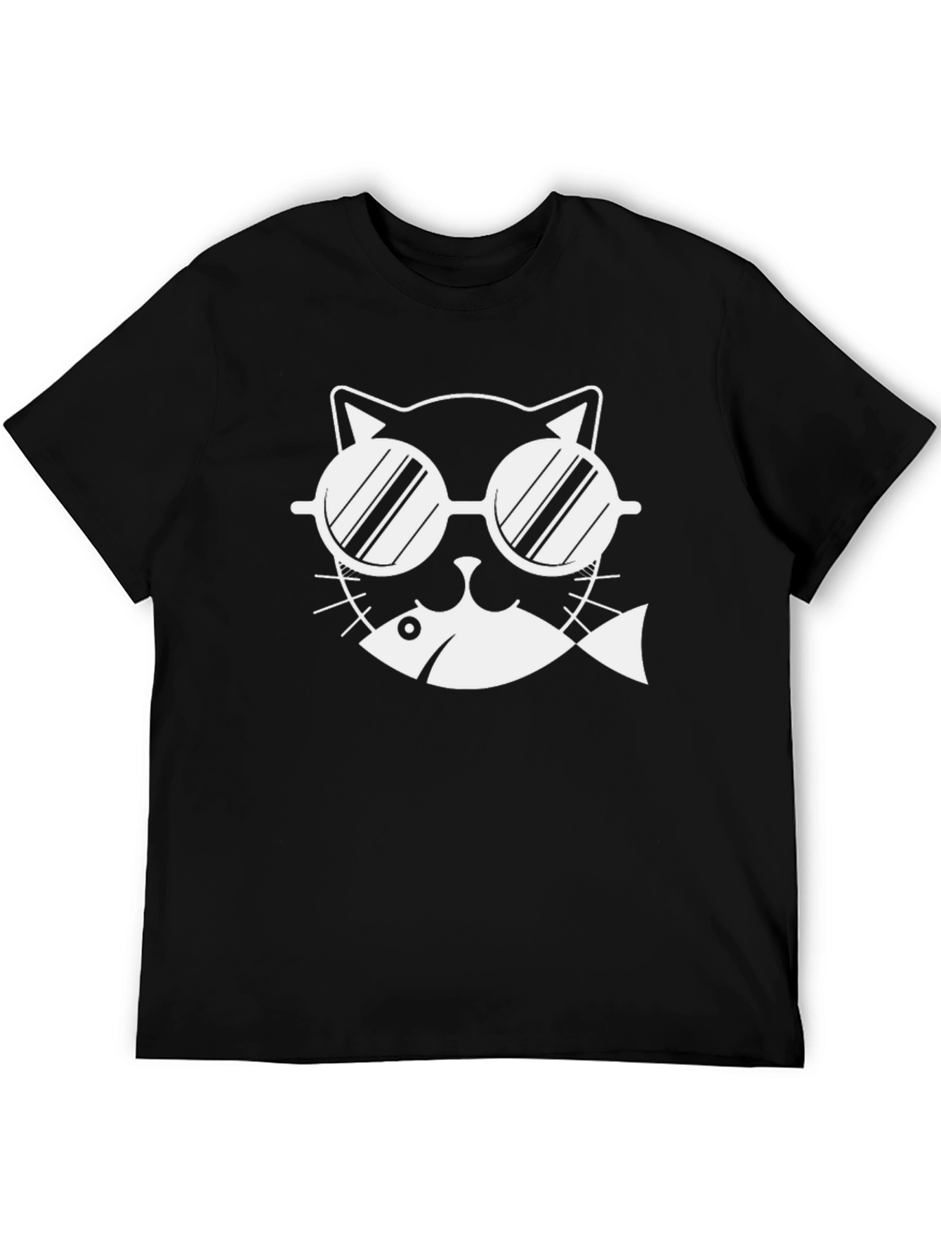 Cool Cat with Fish T-Shirt - Black