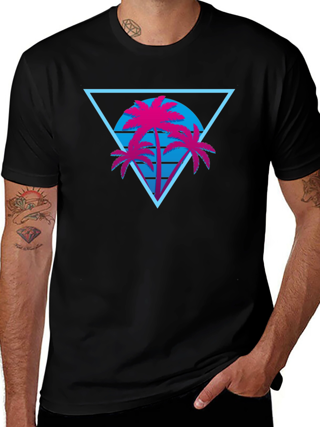 Retro Palm Tree Triangle Black T-Shirt