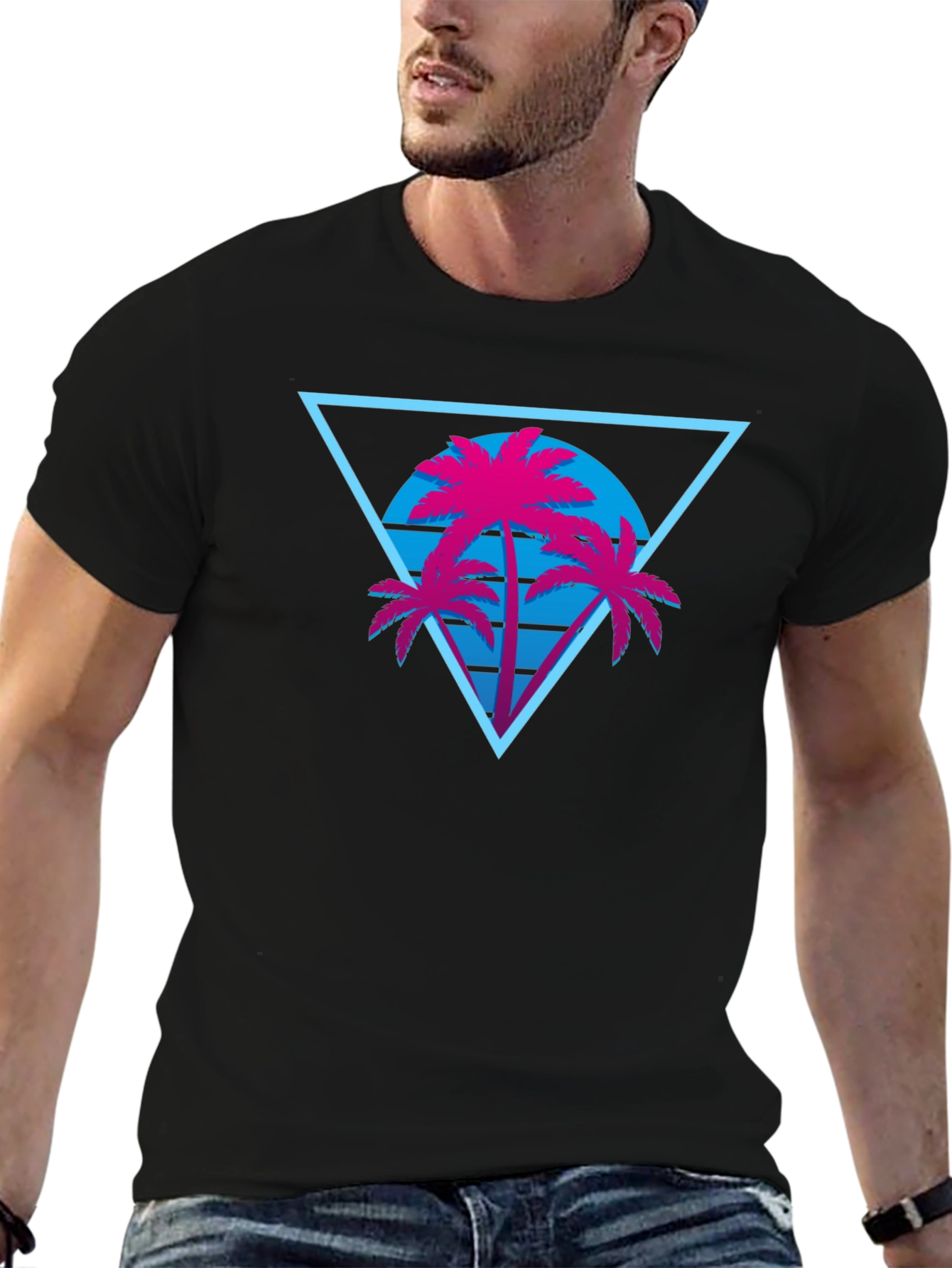 Retro Palm Tree Triangle Black T-Shirt