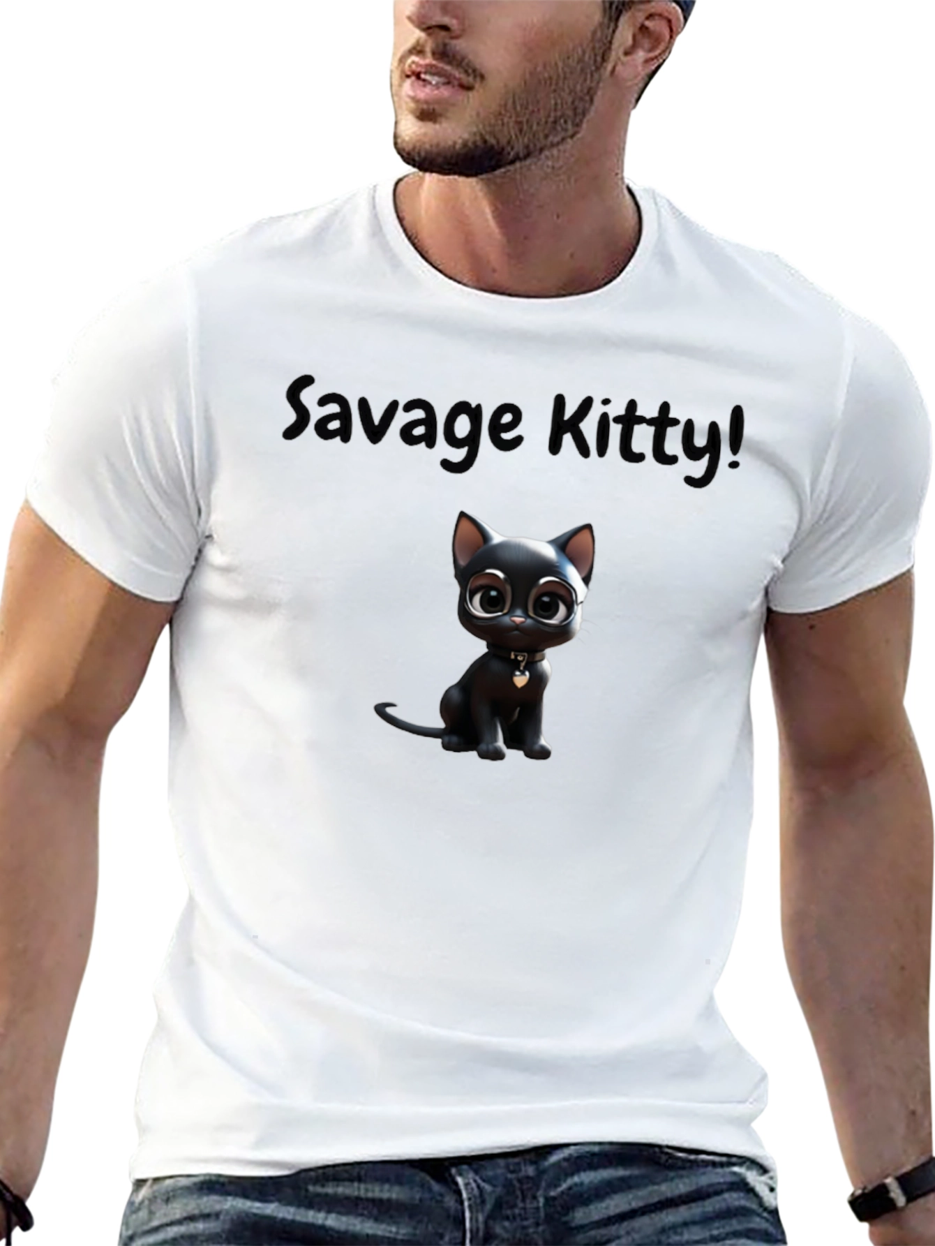 Savage Kitty Tee: Soft Black Cotton Cartoon Cat T-Shirt